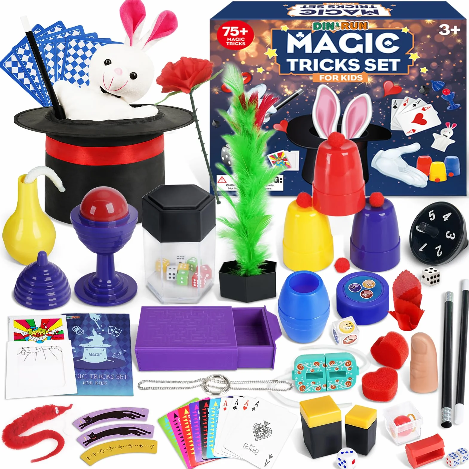 DINORUN Magiczne sztuczki - magiczny zestaw dla dzieci z magicznym kapeluszem i magiczną różdżką i instrukcją dla dzieci, zabawki dla 6, 7, 8, 9, 10, 11, 12 lat, prezenty dla chłopców, dziewcząt, 75+