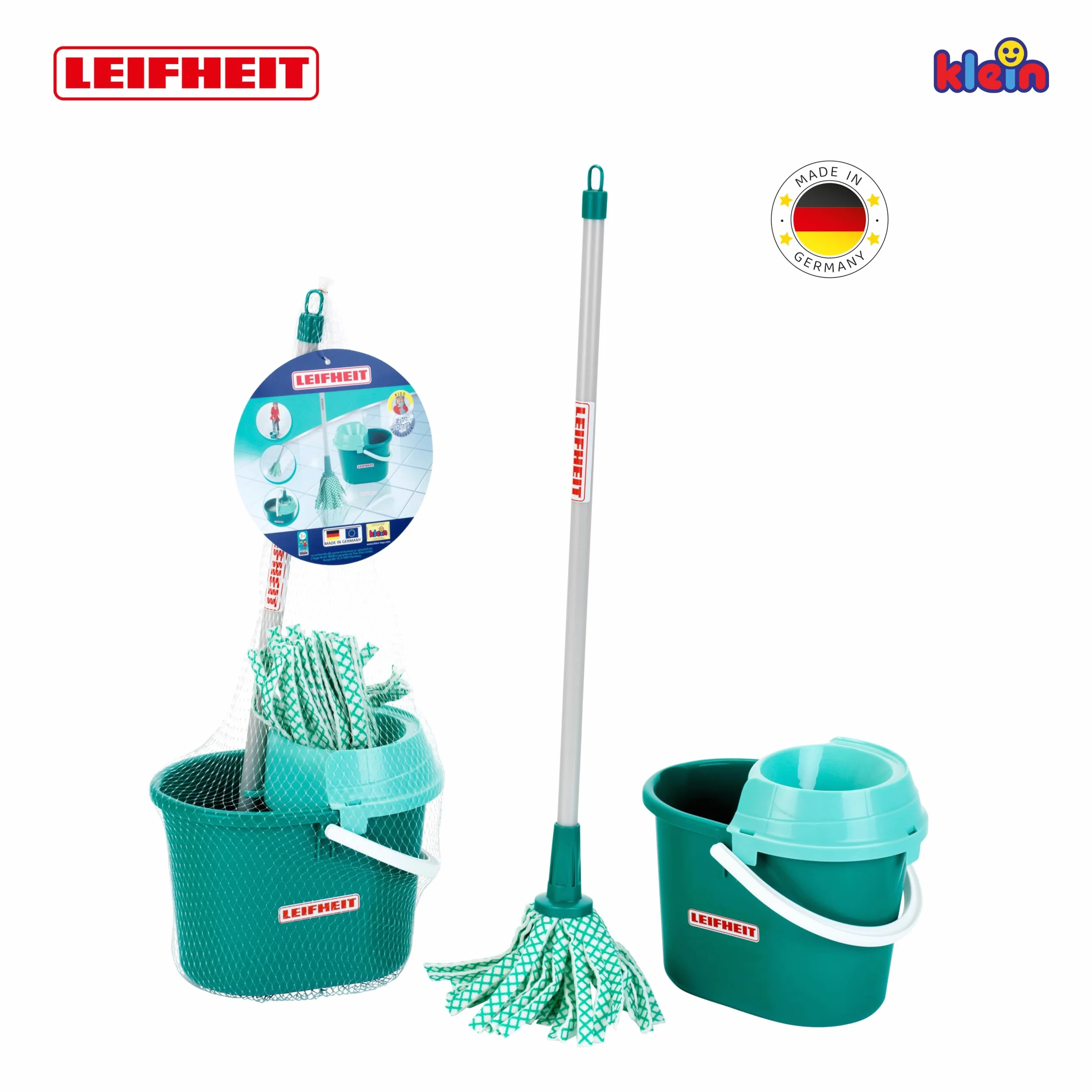 Theo Klein 6558 Zestaw z mopem Leifheit, 3-el. I Zestaw zawiera płaski mop ze zdejmowaną końcówką I Wiadro z wyciskaczem I Zabawki dla dzieci od 3. roku życia