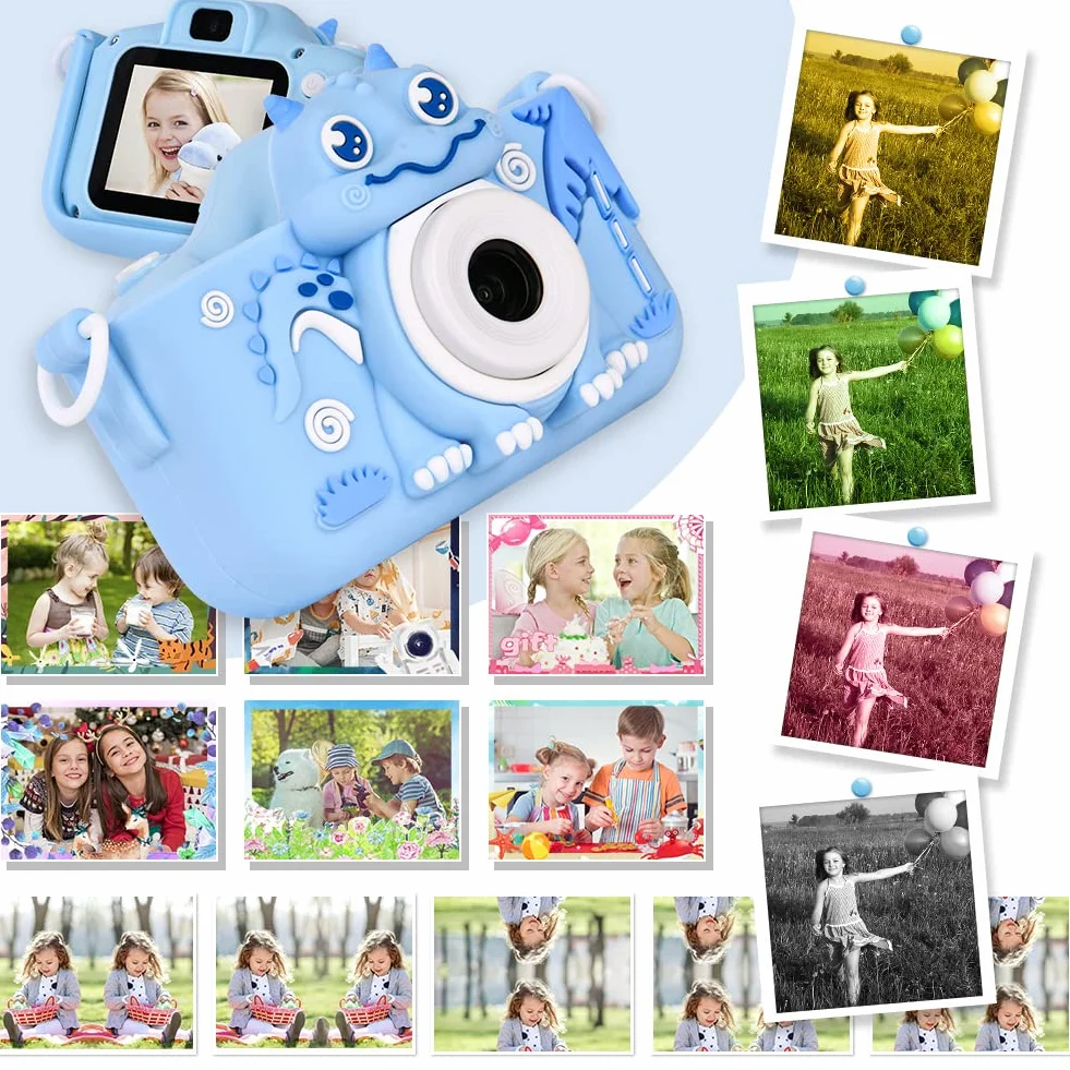 OSDUE Aparat dla dzieci,2.0-calowy wyświetlacz Aparat cyfrowy dla dzieci,1080P HD Wbudowana karta SD 32 GB Selfie Cyfrowy aparat fotograficzny,prezent urodzinowy na lata Zabawka dla dzieci (niebieska)