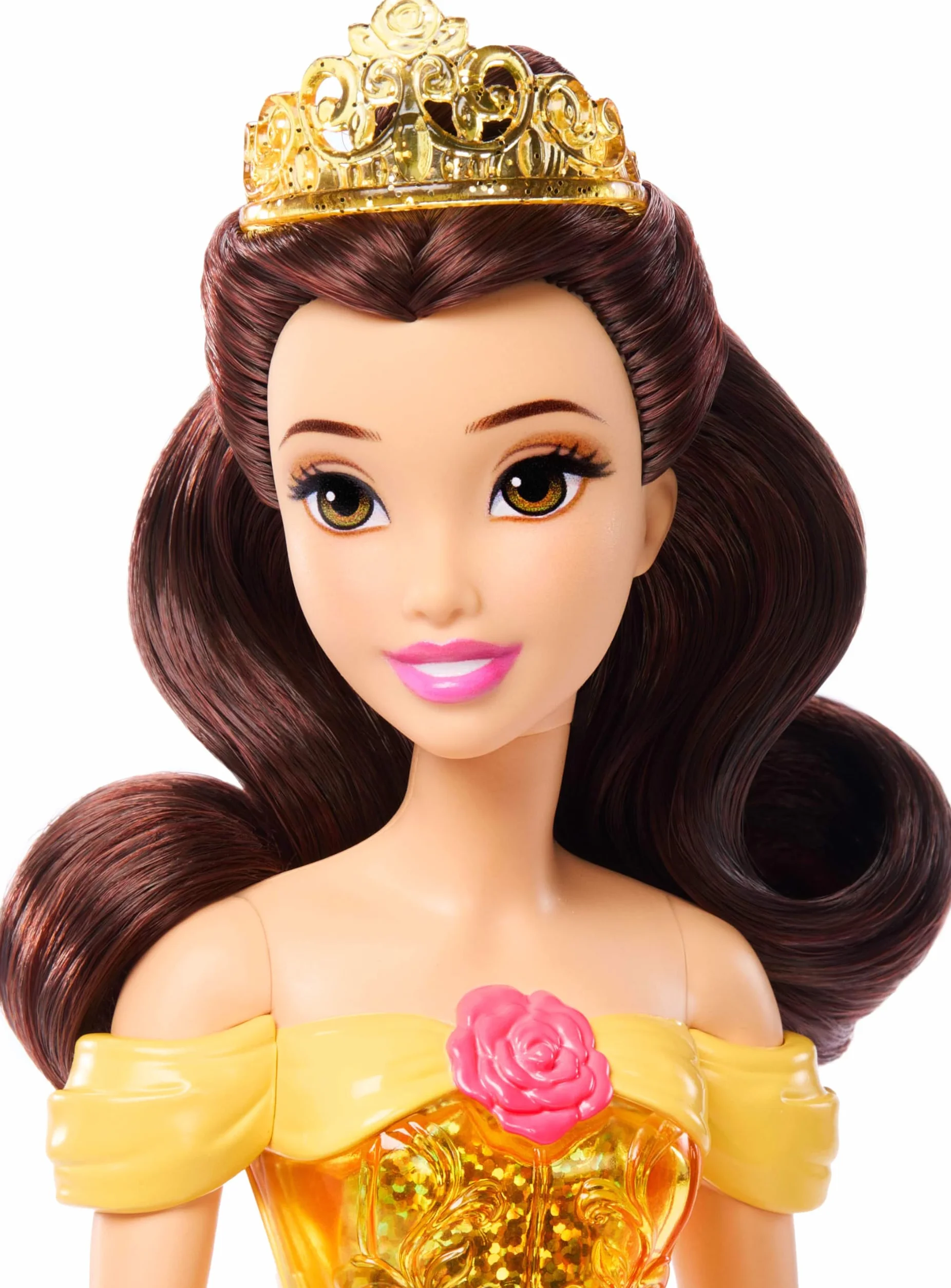 Mattel Księżniczka Disneya Bella Lalka z punktami zgięcia, błyszczącym ubrankiem i akcesoriami inspirowanymi filmem Disneya, prezent dla dzieci HLW11