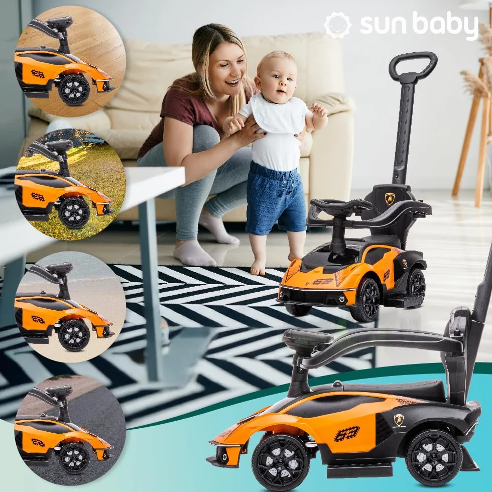 sun baby Jeździk pchacz dla dzieci Lamborghini Essenza SCV12, efekty dźwiękowe, schowek, pchacz sterujący kierownicą, wysuwane podparcie na stopy (Pomarańczowy)