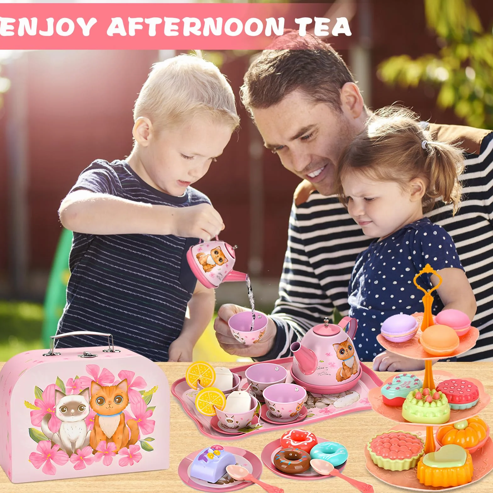 ZLPBAO 48 sztuk Zestaw do herbaty dla dzieci, zastawa stołowa dla lalek Zestaw kuchenny dla dzieci z blaszanym czajnikiem, Kitchen Tea Party