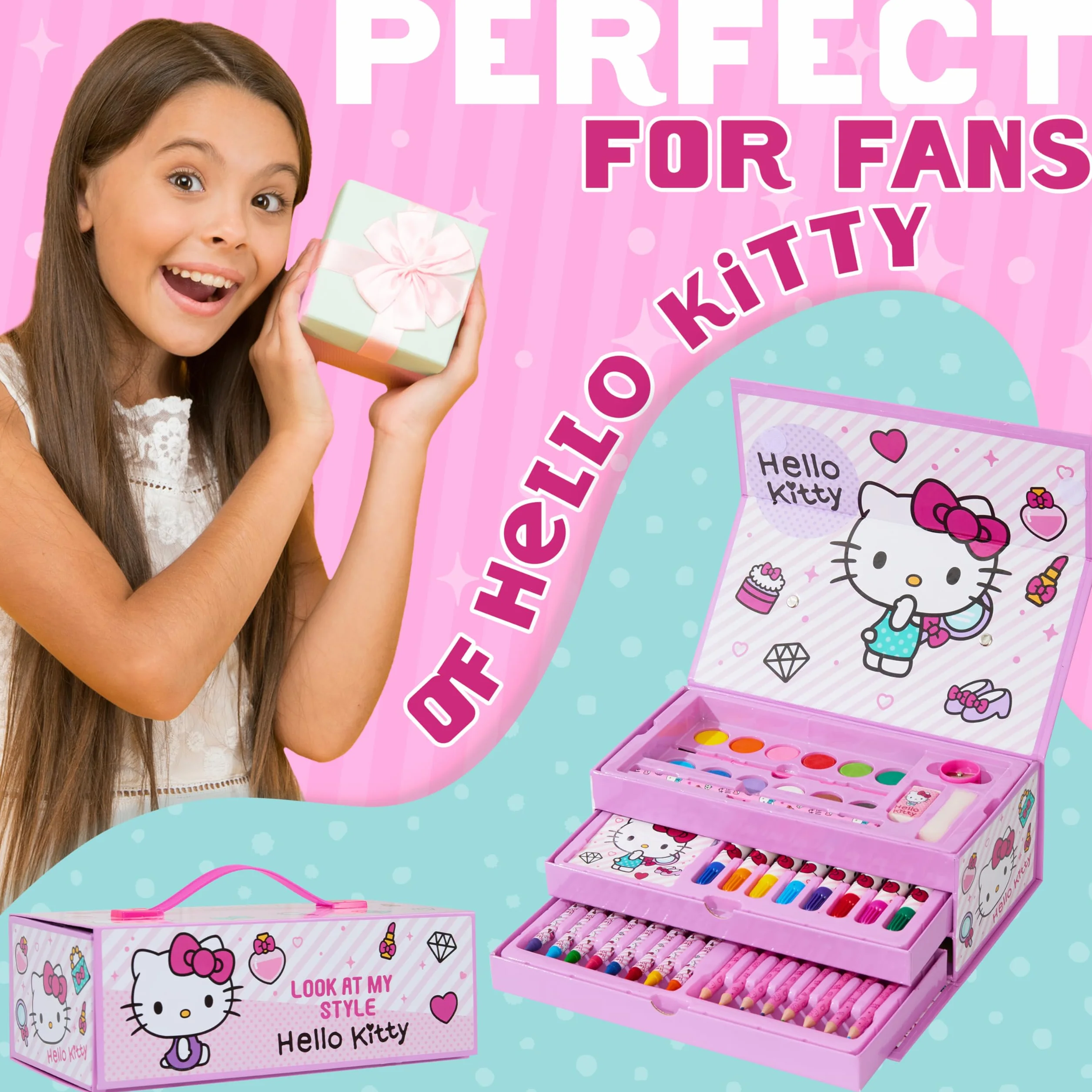 Hello Kitty Zestaw artystyczny do malowania dla dzieci, rysowanie, kolorowanie, anime, artykuły pa, w walizce podróżnej, prezenty kawaii dla dziewcząt (różowy Hello Kitty 3 poziomy)