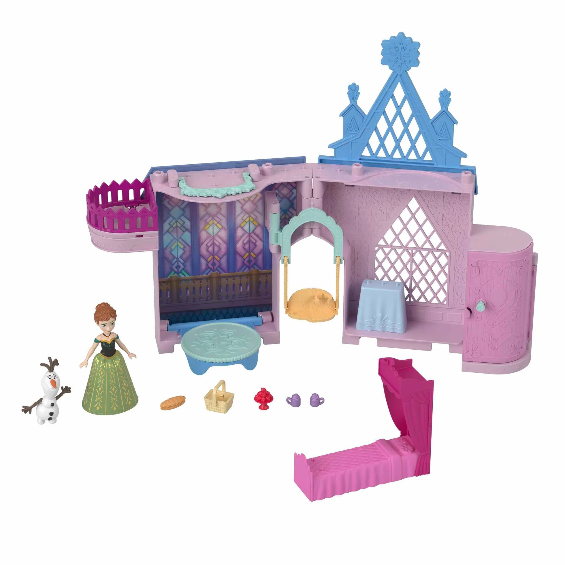 Mattel Disney Kraina Lodu Arendelle Castle zestaw modułowy z mini lalką Olaf i 7 akcesoriami, zabawka dla dzieci 3+
