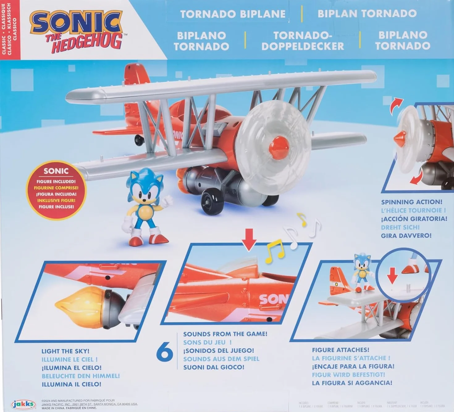 Sonic The Hedgehog Zestaw do zabawy dwupłatowcem Tornado firmy JAKKS Pacific, zawiera 6 cm soniczną figurkę, obracające się śmigło, świecący płomień, 6 efektów dźwiękowych, dynamiczna gra oparta na