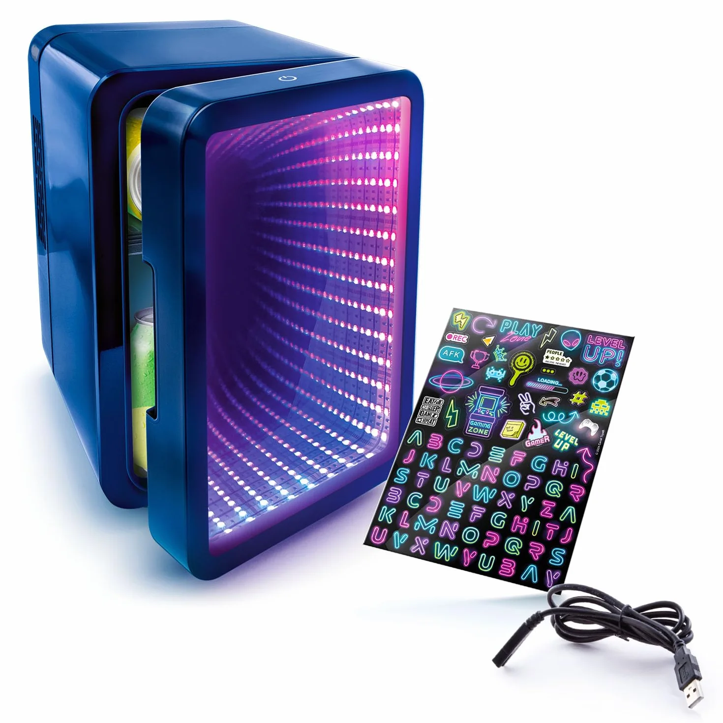 So Chill Mini Lodówka Efekt nieskończoności, gracze, studenci, dom/wycieczki samochodowe/Hangouts + więcej, zasilanie USB, naklejki w zestawie, puszki 4 l/6, lustrzane drzwi z efektem nieskończoności