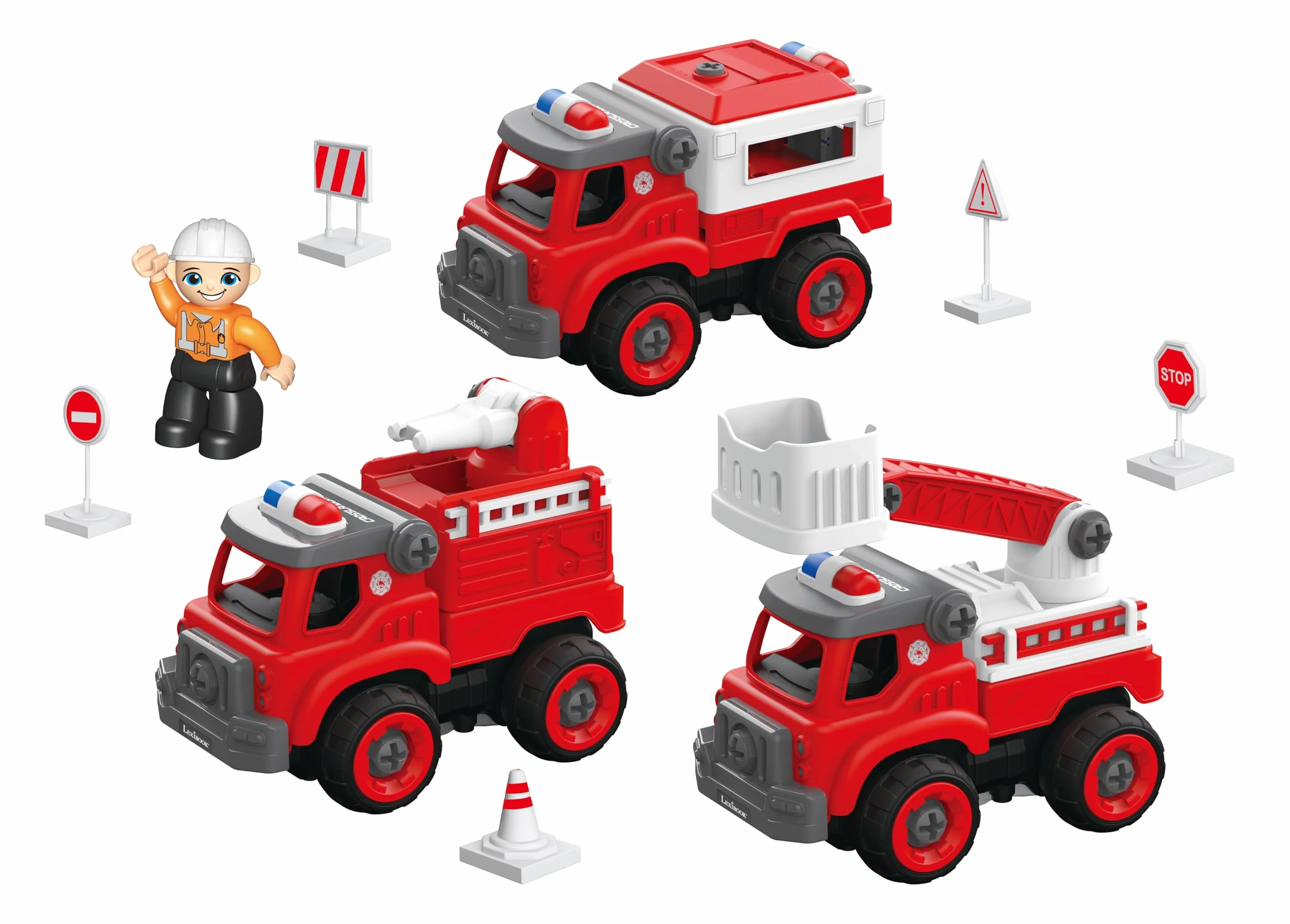 Lexibook, Crosslander Fireman Rc, Zdalnie Sterowany Wóz Strażacki do Złożenia, 3 Możliwe Konstrukcje, 33 Części, w Zestawie Śrubokręty Elektryczne i Ręczne, RCP25