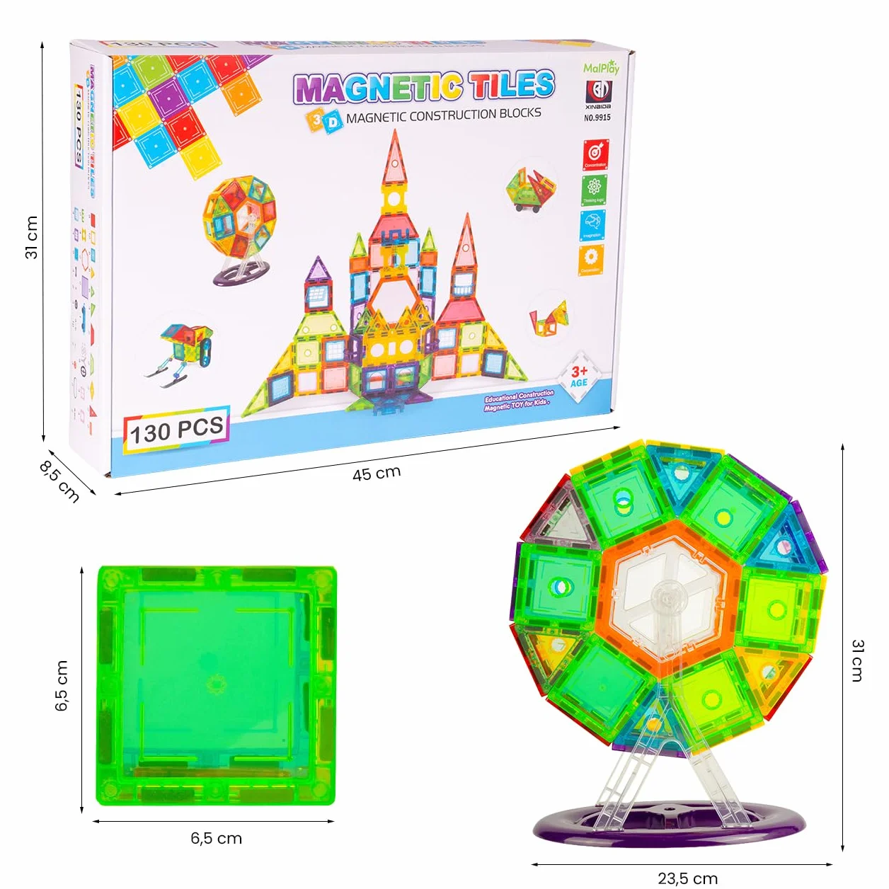 MalPlay Magnetyczne klocki konstrukcyjne 130 sztuk dla dzieci od 3 lat