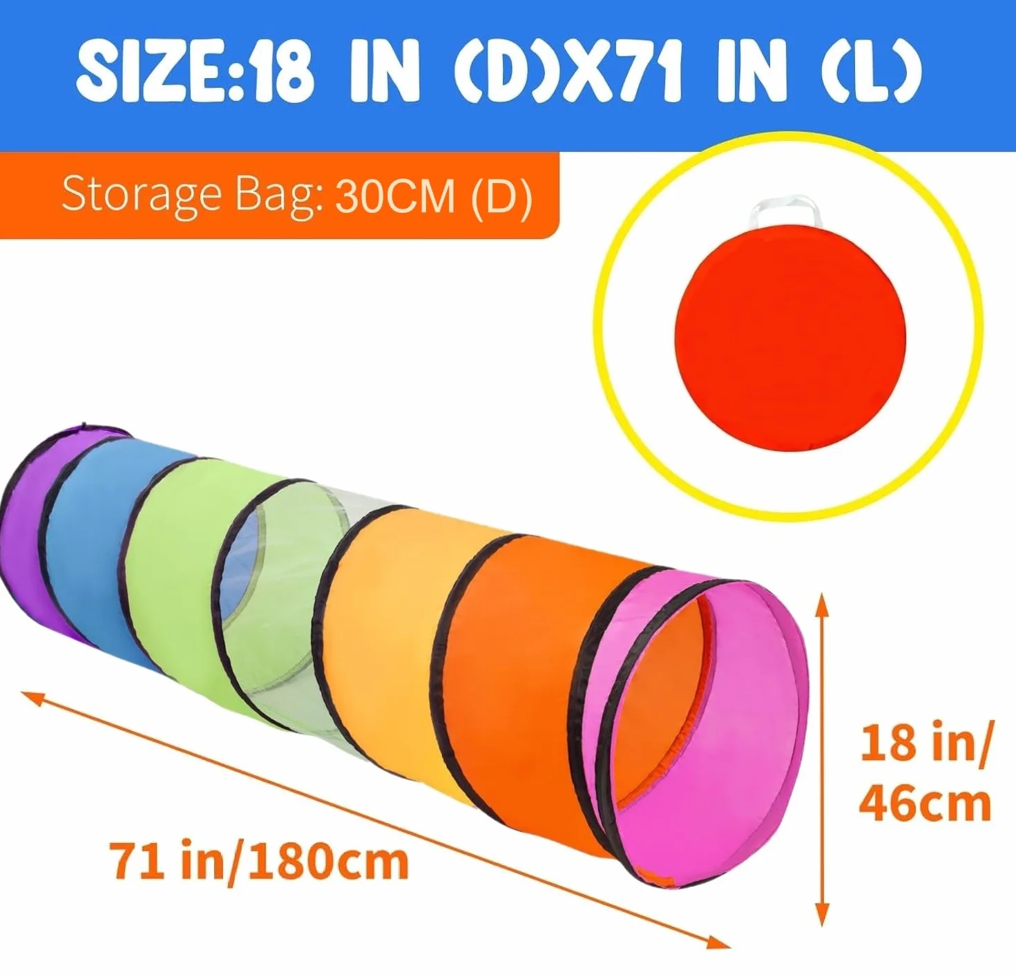 LATERN 180 cm tunel do zabawy dla dzieci, namiot z okrągłym otworem 46 cm, kolorowy rozkładany namiot do raczkowania