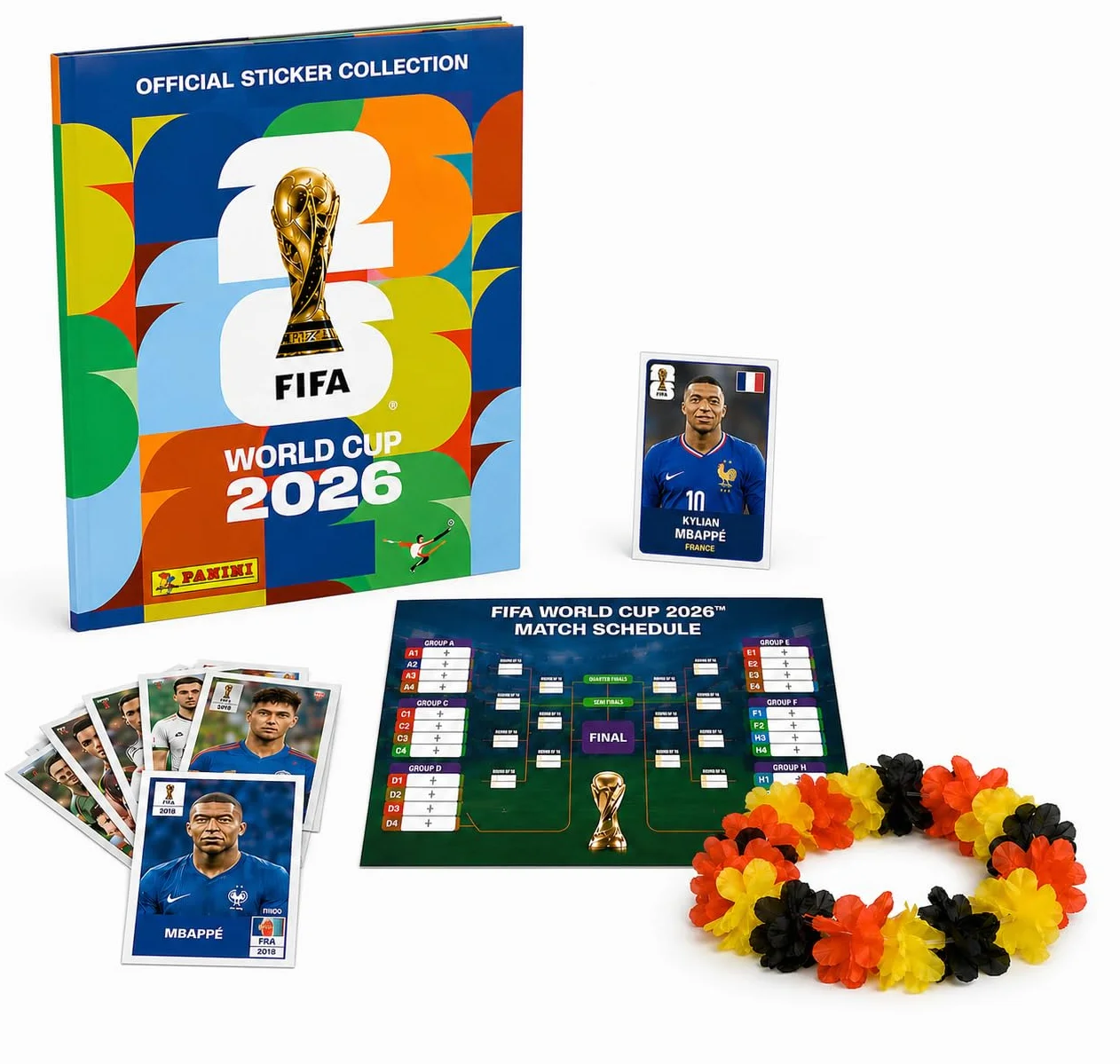 Panini WM 2026 zestaw naklejek i albumów – Mistrzostwa Świata 2026 – piłka nożna – łańcuszek z kwiatów – plan meczów