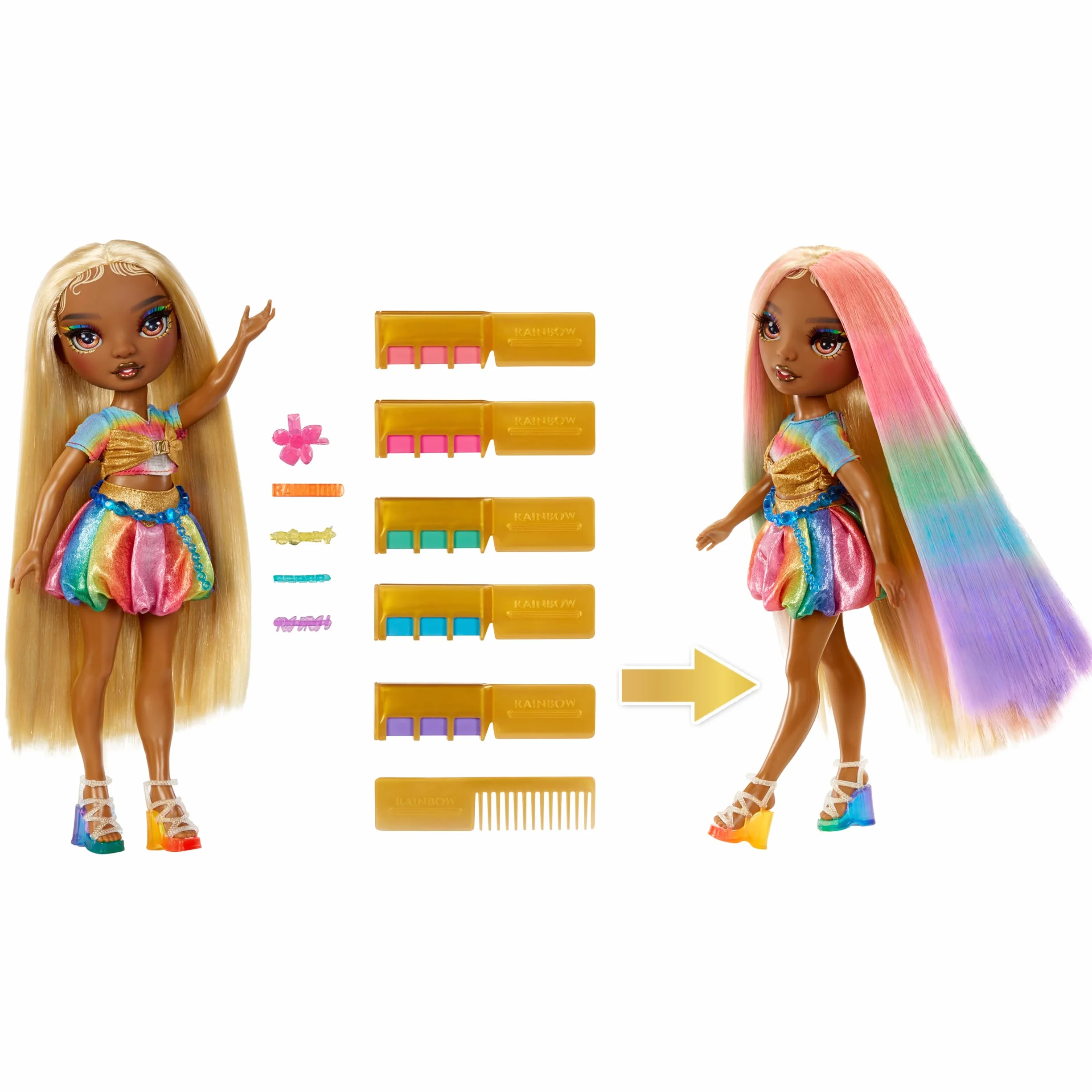 Rainbow High Hair Chalk & Style Doll – Meline – Tęczowo-Złota Lalka o Wysokości 28 cm ze Zmywalną Kredą do Włosów. Koloruj, Stylizuj, Baw się, Spłucz i Powtarzaj, dla Dzieci w Wieku od 4 do 12+ Lat
