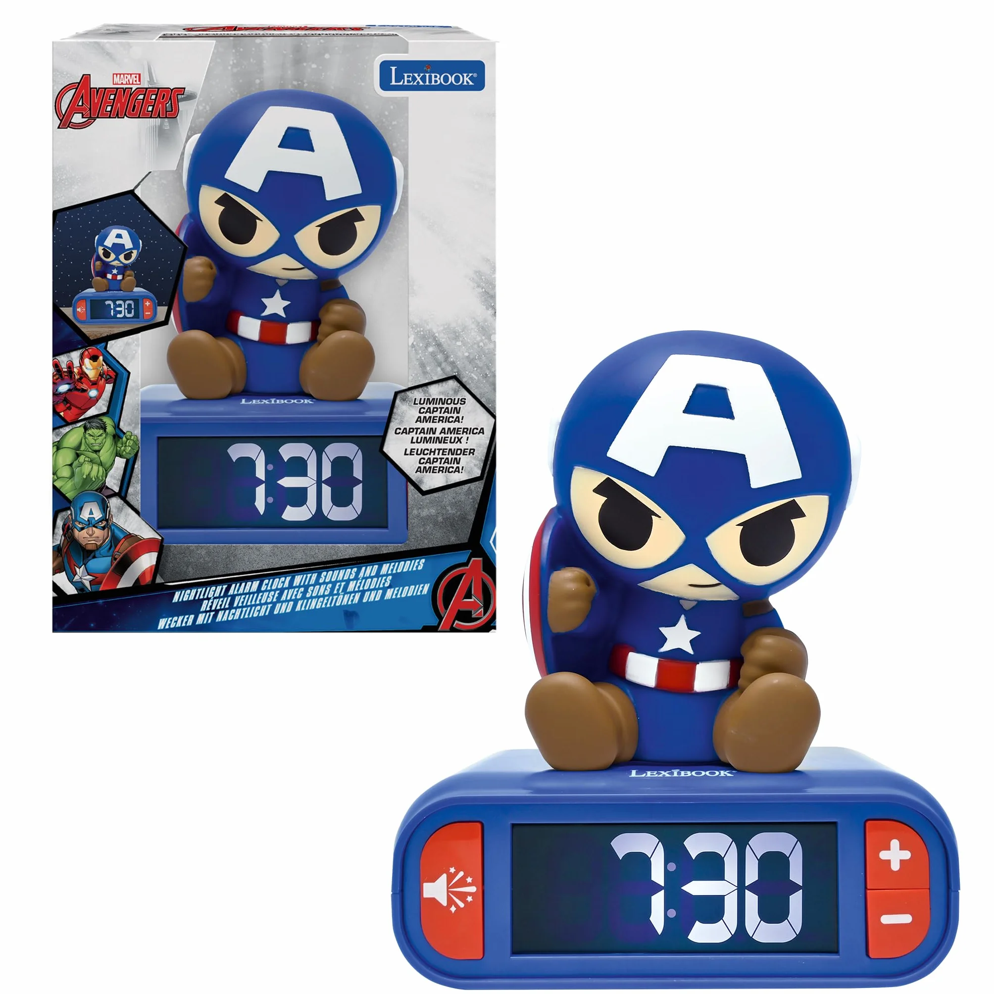Lexibook Marvel Avengers Budzik z Lampką Nocną Dźwięki i Melodie Podświetlany Ekran LCD Snooze RL800AV1