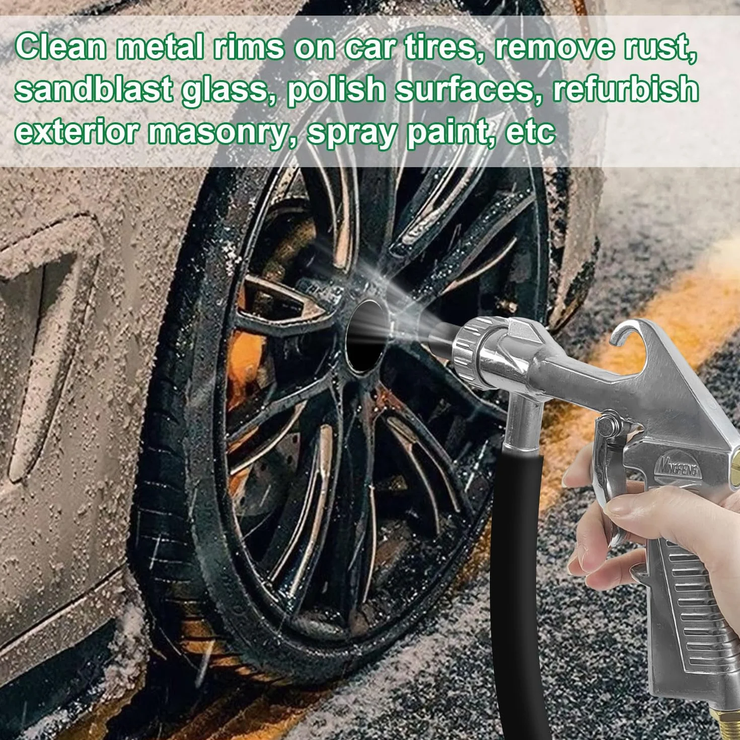 Pistolet do piaskowania 6-częściowy zestaw sprężonego powietrza, dysza ceramiczna, dysza żelazna, piaskarka, aluminium, wąż gumowy, rura ssąca, urządzenie do piaskowania z wężem gumowym (1 m), do