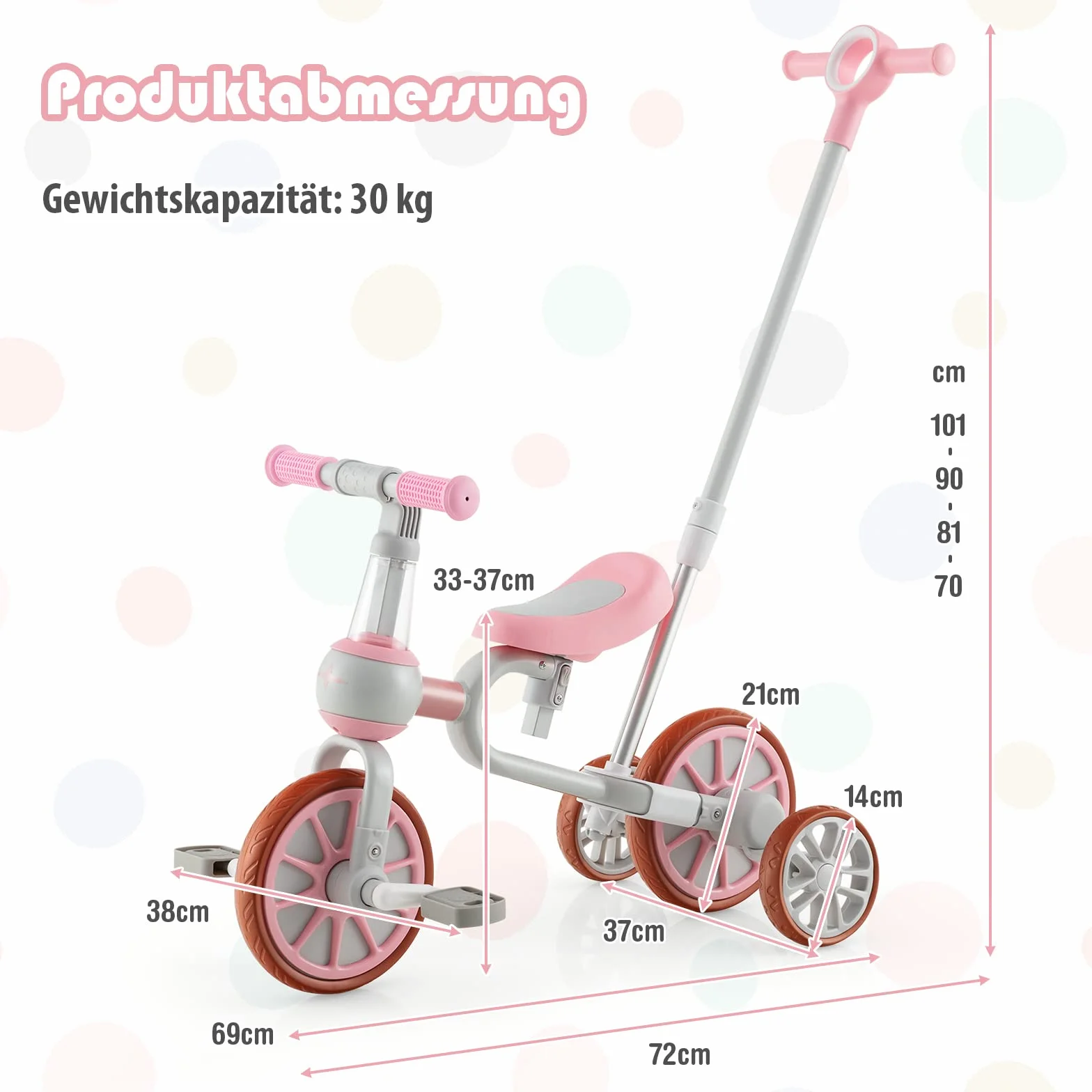 COSTWAY Rower trójkołowy dla dzieci 4 w 1, rower biegowy, rower balansowy i samochód przesuwny z regulowanym uchwytem przesuwnym i zdejmowanymi pedałami, dla dzieci od 1 roku życia (różowy)