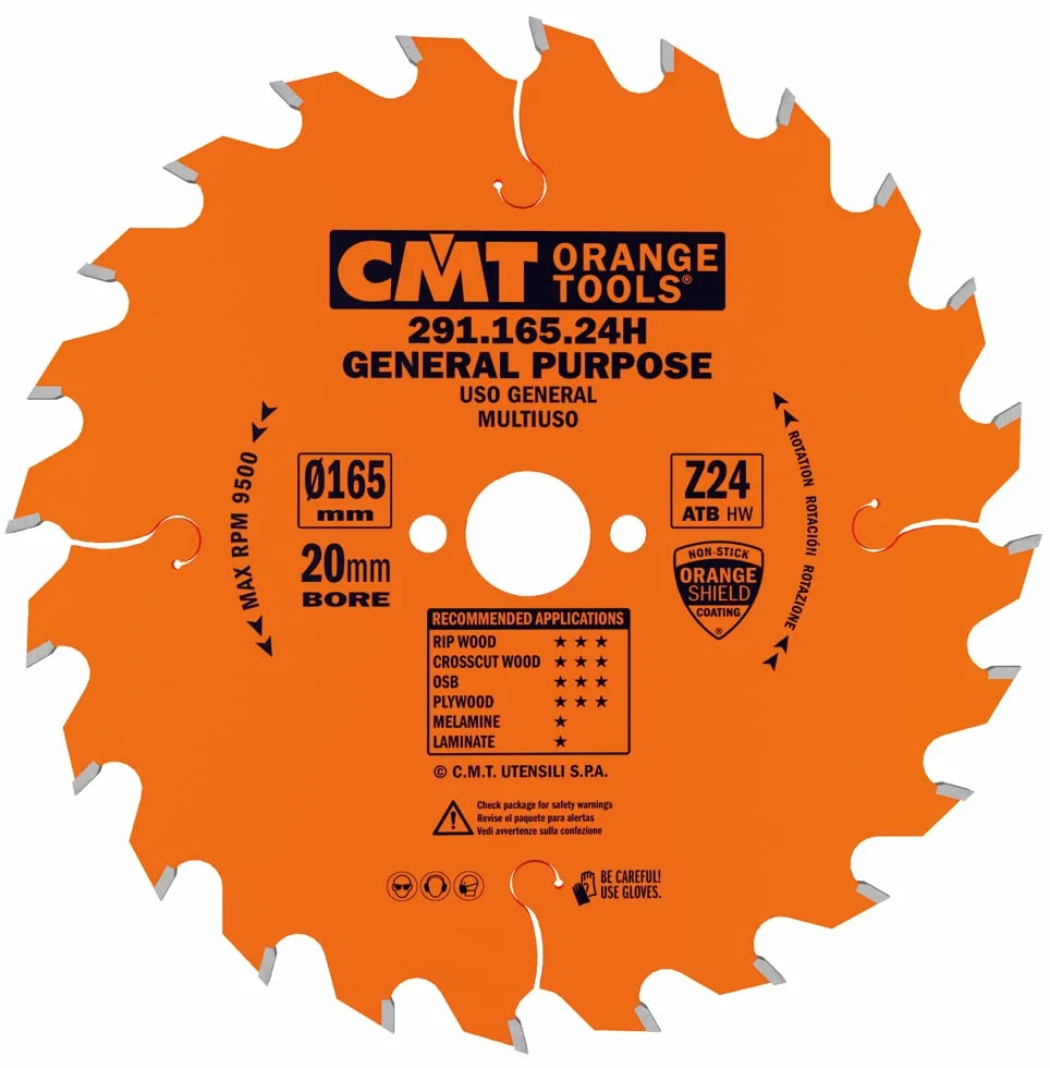 CMT Orange Tools brzeszczot do piły tarczowej HW 165 x 2,2/1,6 x 20 Z=24 15° ATB - 291.165.24H - do przekrojów podłużnych i poprzecznych