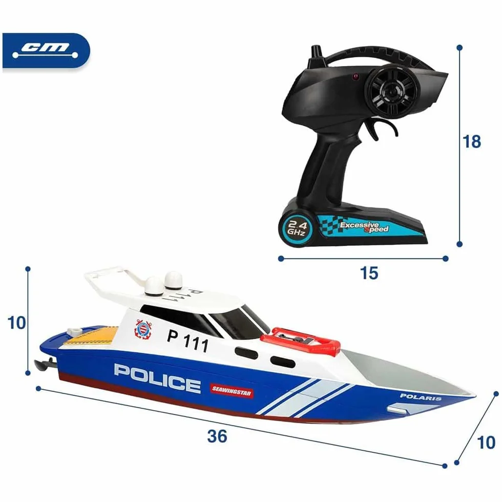 ColorBaby 47674 Racing Boat Boat Police Radiocontrol, 36x10x10 cm, Pilot zdalnego sterowania, 6 kierunków, 2,4 GHz, zasięg 35-40 m, łódź RC, zabawki dla dzieci, 4 lata