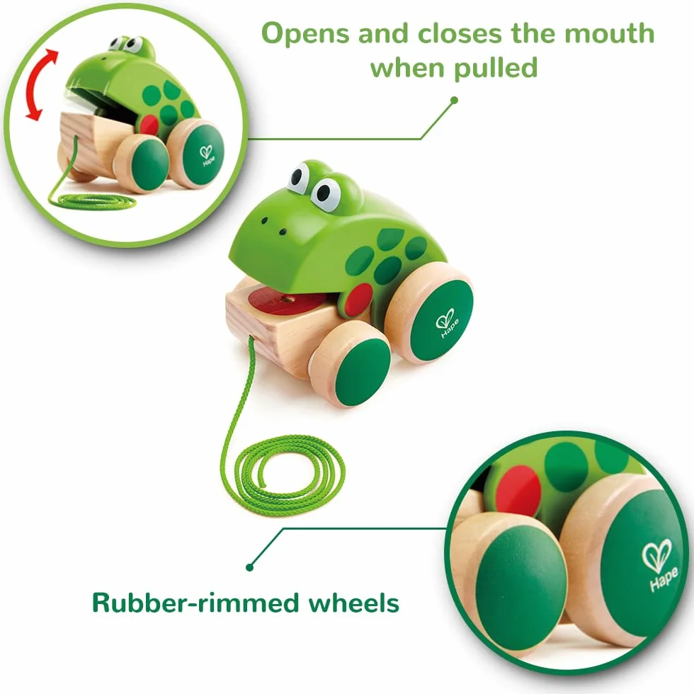 Hape Frog Pull Along, Wooden Frog Fly-Eating Pull Toddler Toy, Bright Colours