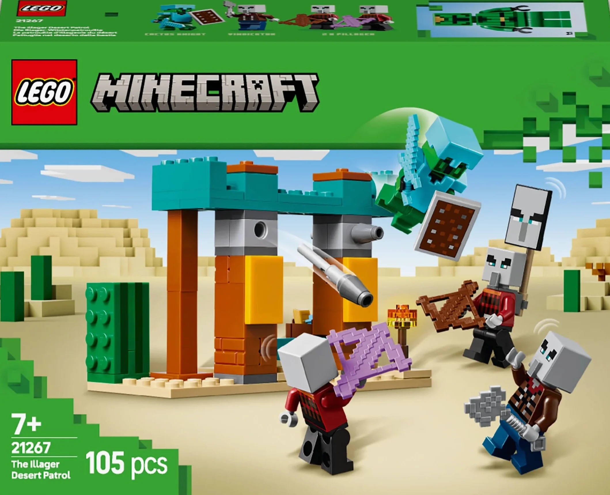 LEGO Minecraft Pustynny Patrol Złosadników, Zabawka dla Dziecka do Zbudowania, Figurki i Akcesoria, w tym Miecz i Tarcza, Kreatywny Prezent dla 7-latka, dla Chłopca i Dziewczynki, dla Fana Gry, 21267