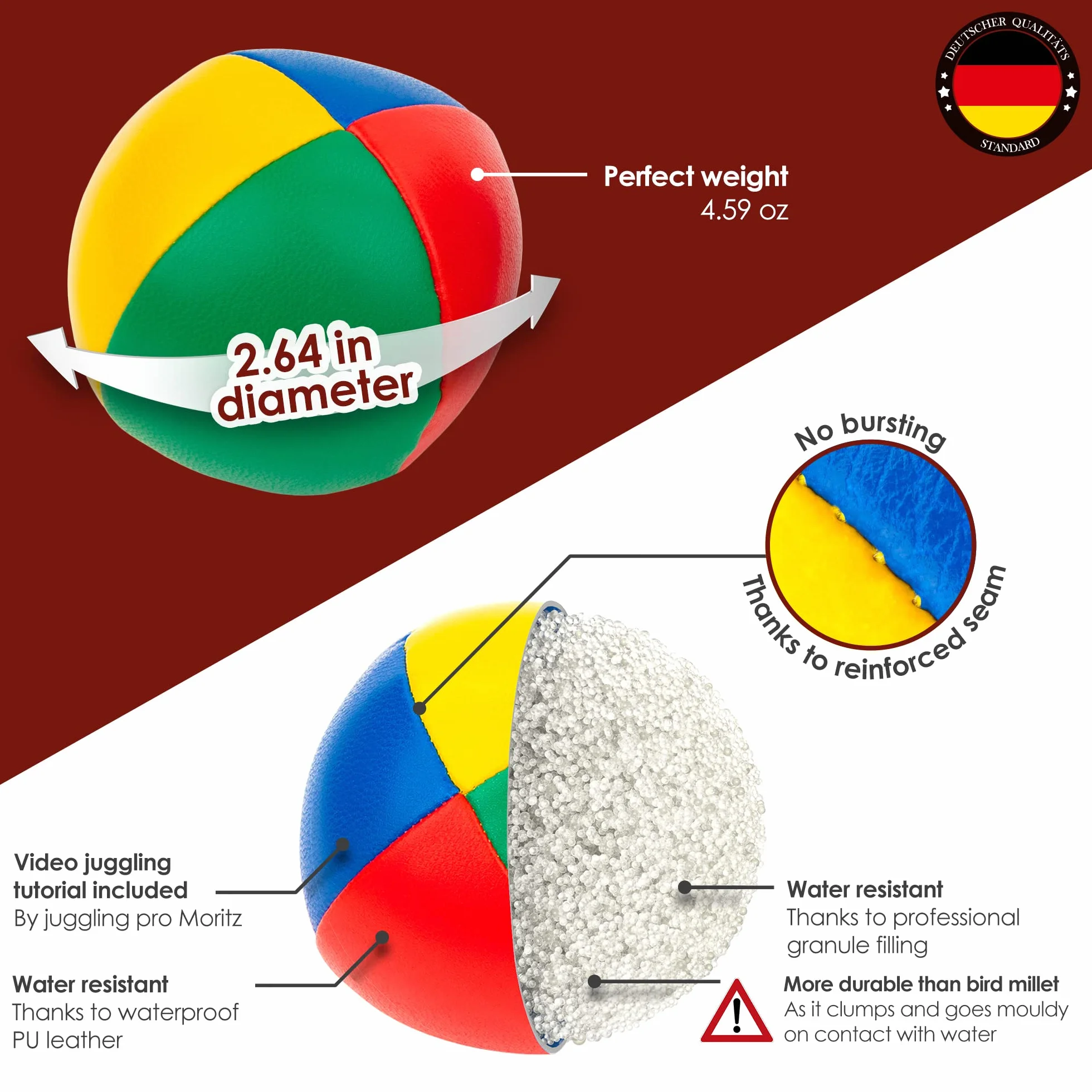 WEIDEBACH® Piłki do żonglowania, zestaw 3 szt. - Ø 67 mm i 130 g ciężkie - piłeczki do żonglowania, piłki do żonglerki z wodoodpornym wypełnieniem granulatem i trwałą sztuczną skórą, zestaw do żonglowania 3 piłkami, stabilne szwy