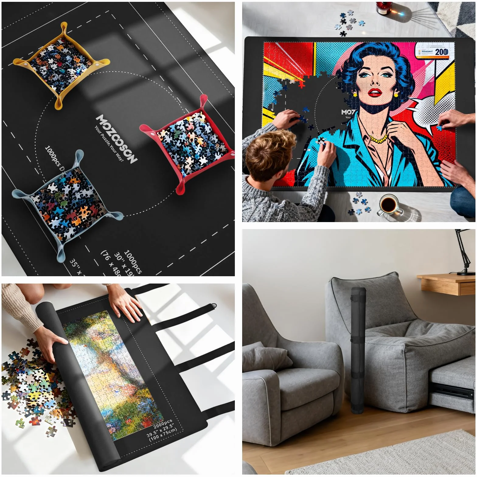 MOZOOSON Zwijana mata do puzzli 2000 sztuk - kompletny zestaw z 8 tackami, etui na prezent - gumowa mata 80 x 120 cm do przechowywania i transportu, na 1000/1500/2000 sztuk