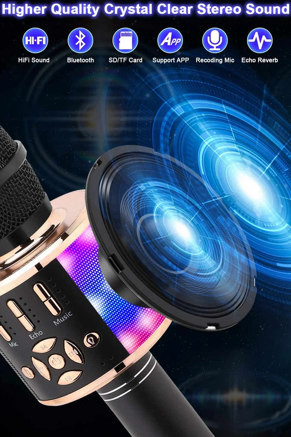 Mikrofon dla dzieci bezprzewodowy, magiczny dźwięk karaoke, bezprzewodowy mikrofon 4 w 1, maszyna do karaoke Bluetooth, maszyna do karaoke dla dorosłych, na imprezę, na zewnątrz, w podróż, czarny