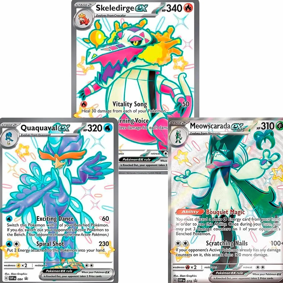 Pokemon Jumbo Pack 3 Karty Inicjalne Najnowsze Evolutions Scarlet & Purpura, Skeledirge EX, Meowscarada EX i Quaquaval EX, Jumbo XXL Karty promocyjne, Duże Karty w języku angielskim
