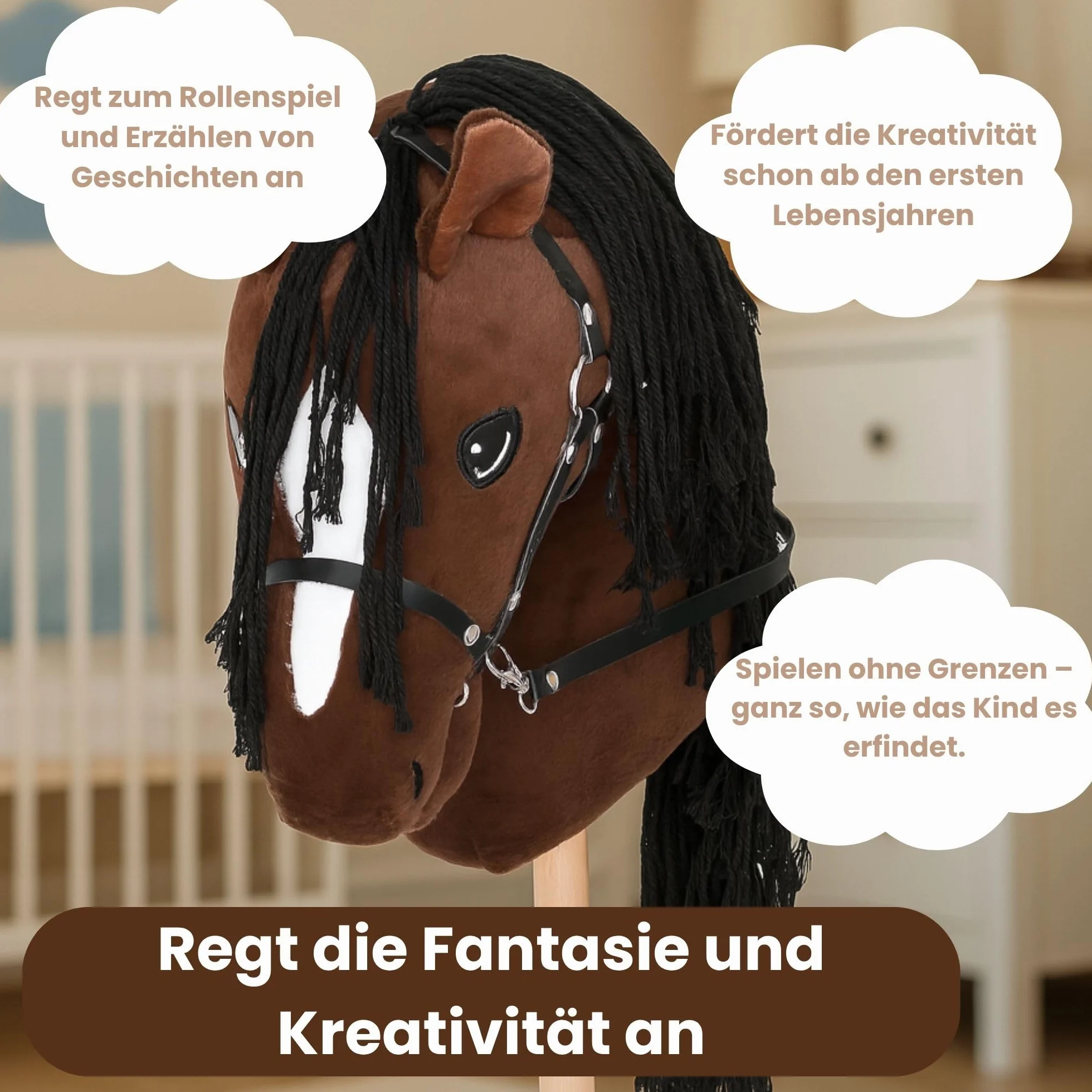 Start Hobby Horse – realistyczny koń na kiju z długą grzywą do układania fryzury – dla dzieci (A3) (Bella (Brązowy))