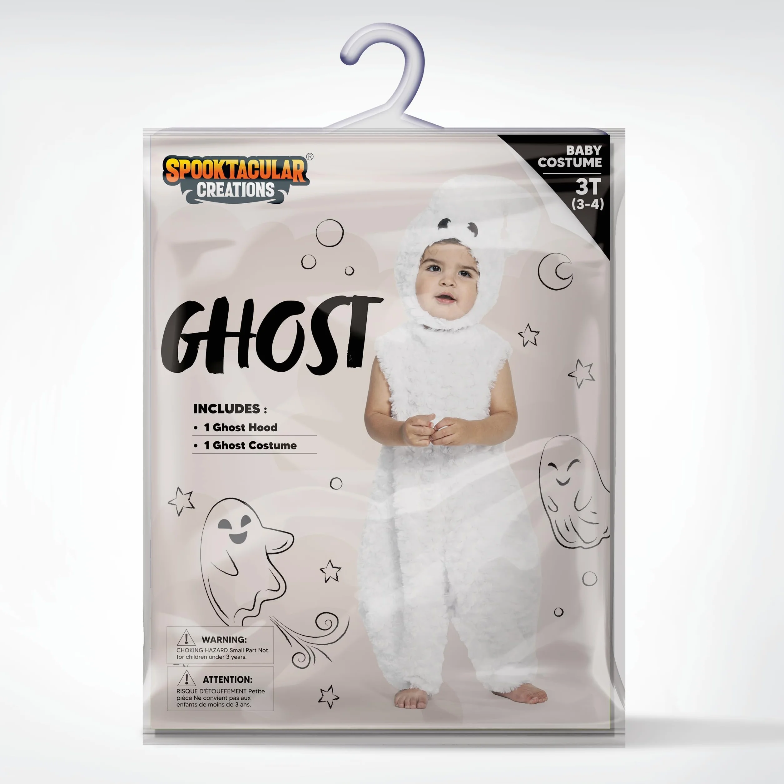 Spooktacular Creations Kostium ducha na Halloween dla dzieci, biały kostium na brzuch, kombinezon z kapturem dla małych dzieci, małych dzieci, kostium na Halloween na przebieranki (12-18 miesięcy)