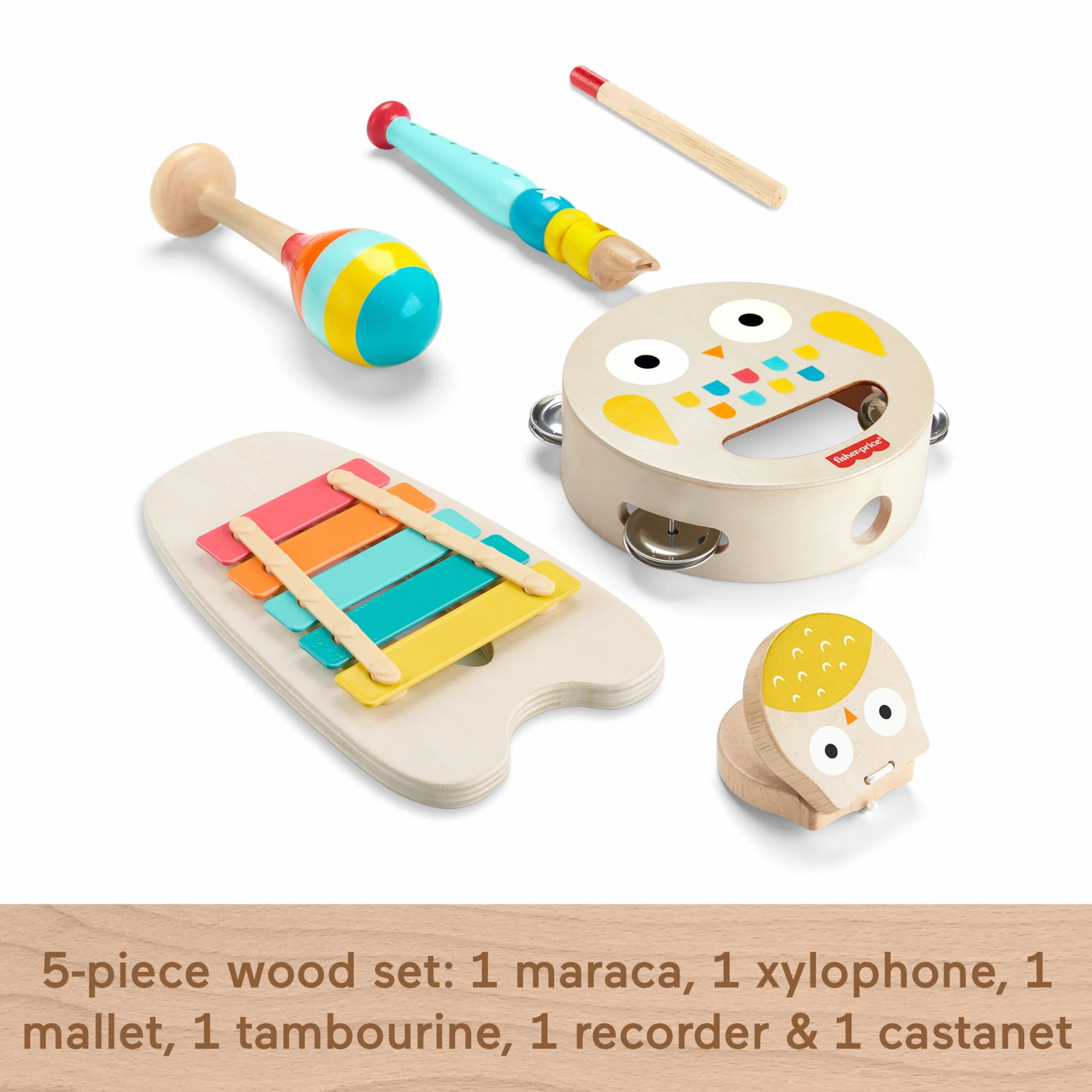 Fisher-Price Drewniane instrumenty Zestaw prezentowy z 6 drewnianymi elementami dla dzieci od 2 roku życia, HXT90