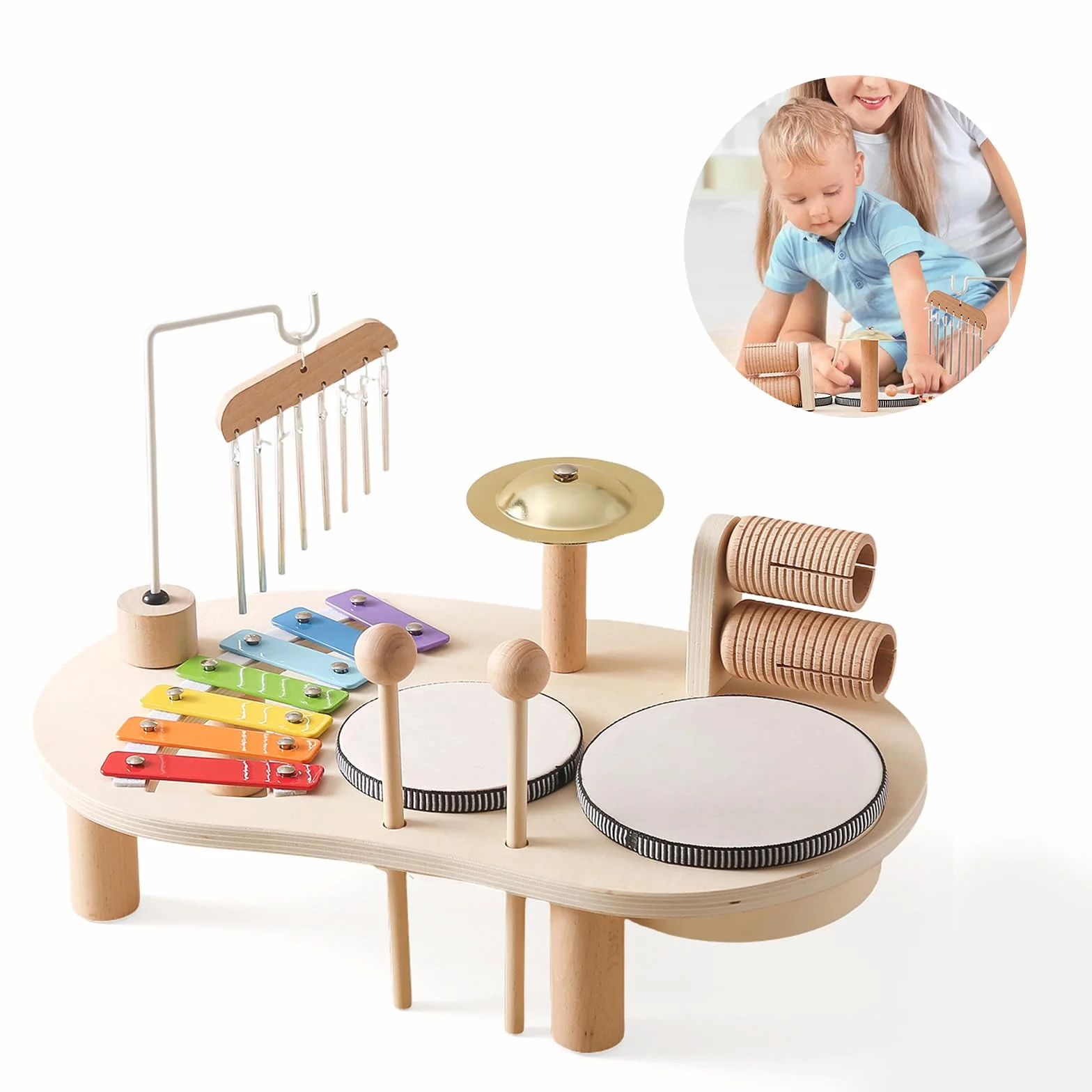 Montessori zestaw perkusyjny dla dzieci, z drewna, 7 w 1, zabawka edukacyjna, perkusja z ksylofonem, zestaw bębnów dla dzieci