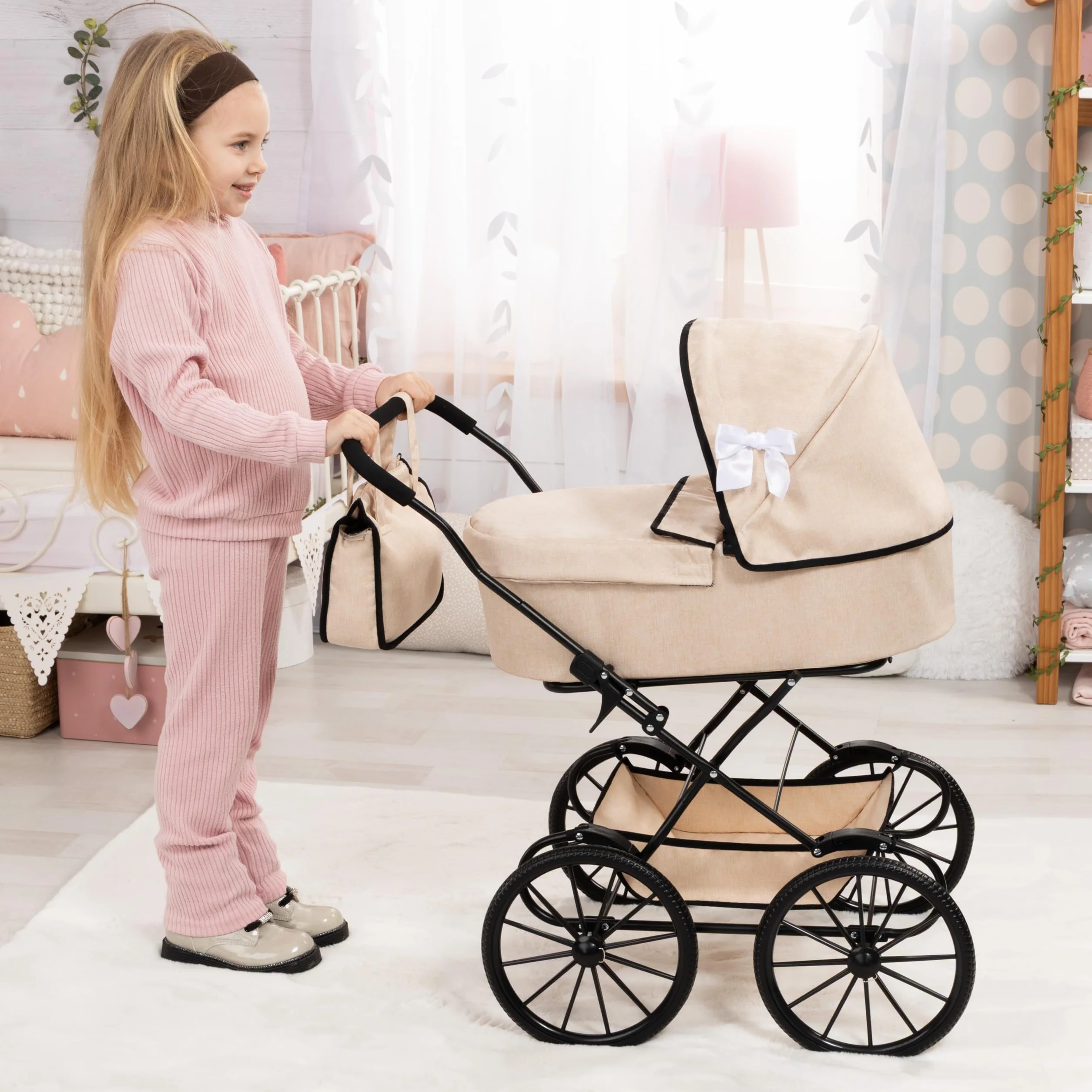 Bayer Design 14375AA Wózek dla lalek nostalgiczny, klasyczny, z koszem, torbą