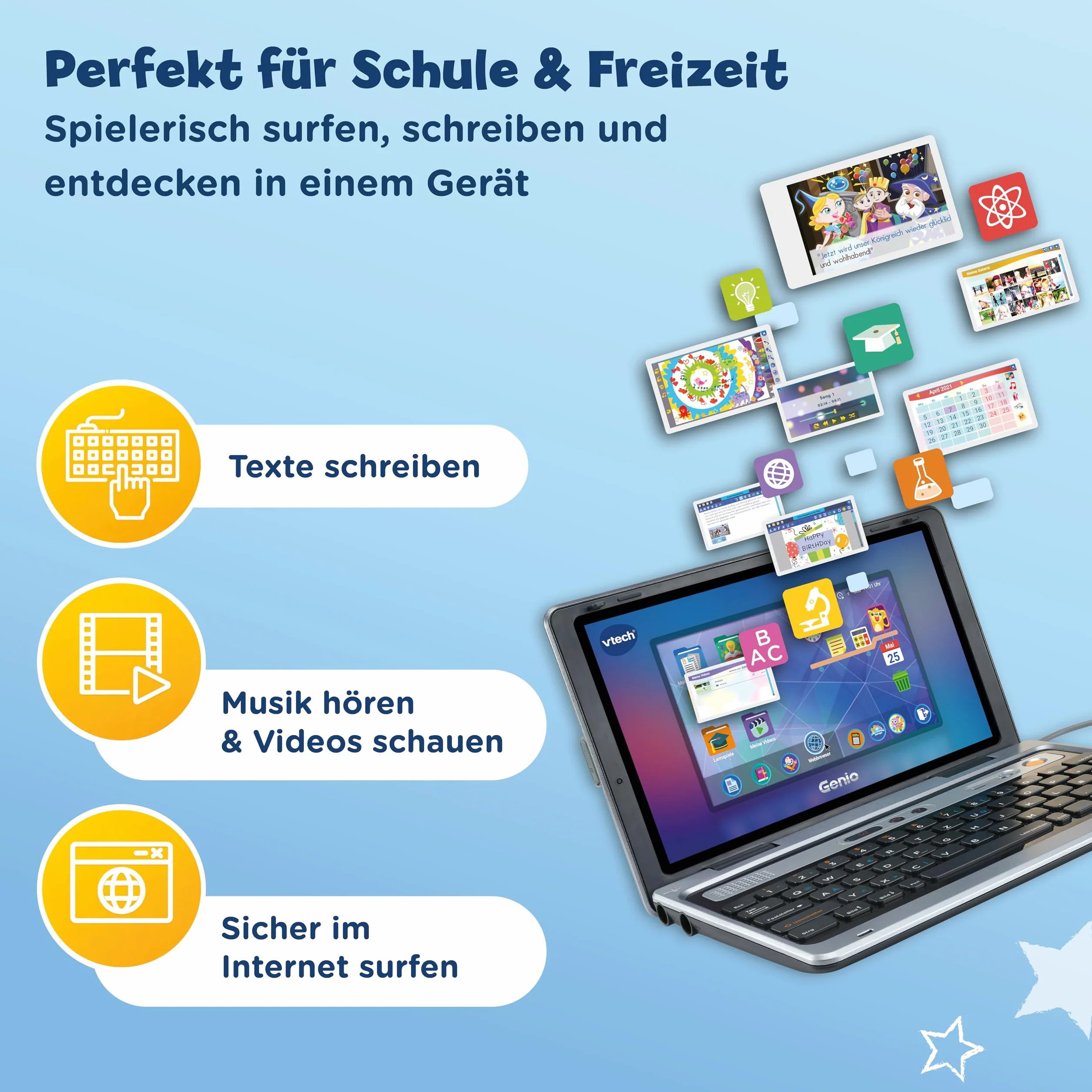 VTech Genio learning laptop XL - komputer edukacyjny z dużym 7" ekranem LCD z dostępem do Internetu, programem tekstowym i dużą ilością treści edukacyjnych - dla dzieci w wieku 5-12 lat, szary