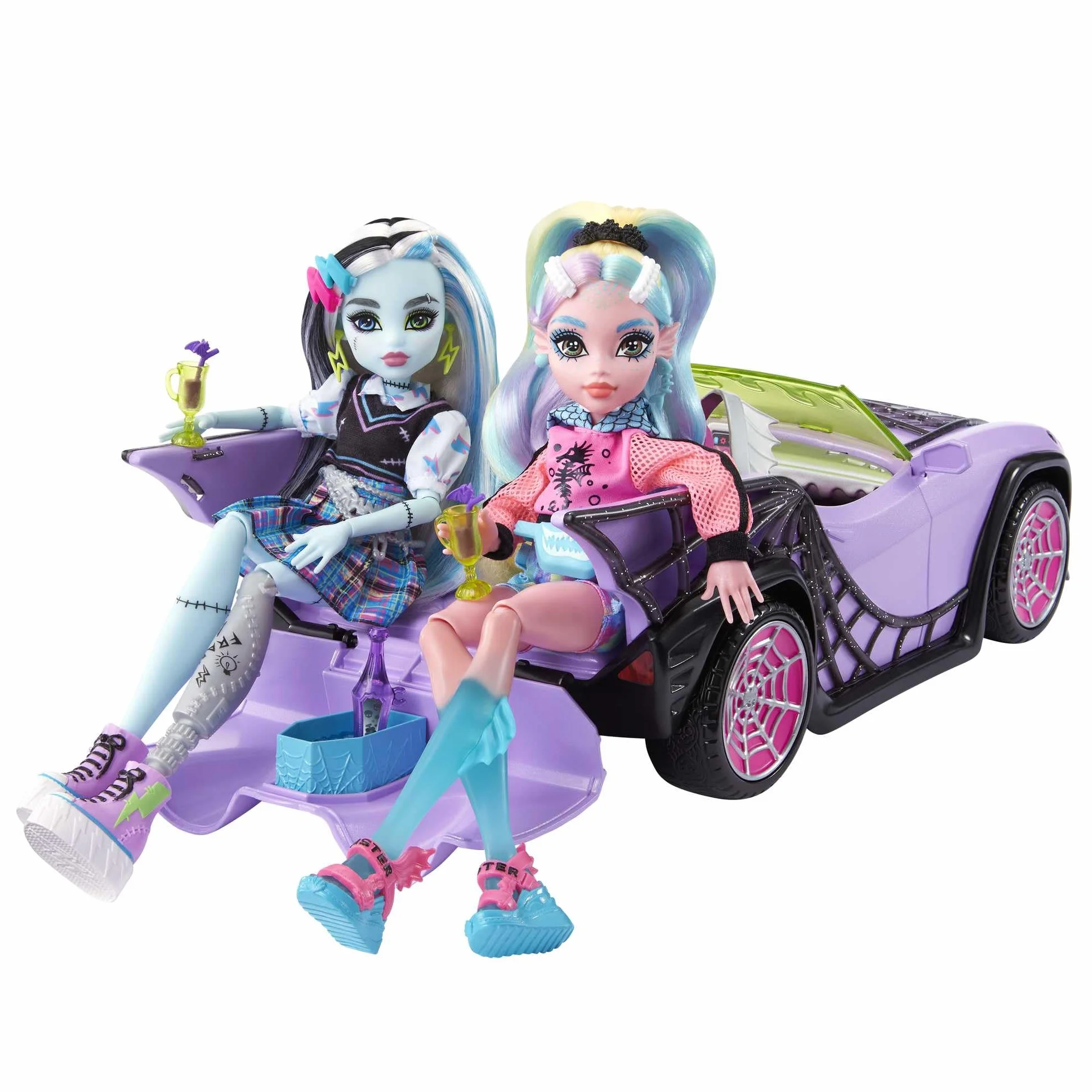 Monster High Fioletowy kabriolet z pajęczą siecią oraz zwierzątkiem i lodówką turystyczną. HHK63