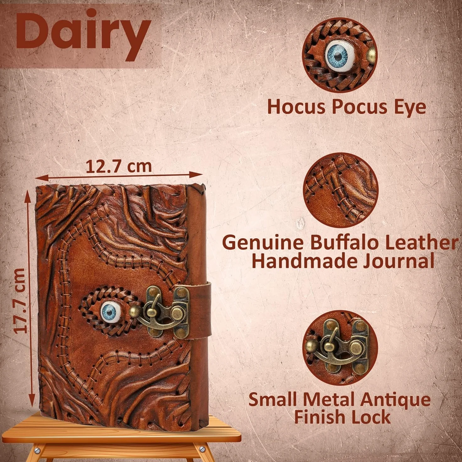 Hocus Pocus Księga Zaklęć Skórzany Dziennik Krawędź Papier Grimoire Journal Trzecie Oko Vintage Skórzany Dziennik Księga Cieni Dziennik Antyczny Zaklęcie Książka Wiedźmy Dziennik Zamek Zapięcie Notatnik 18 x 12 cm