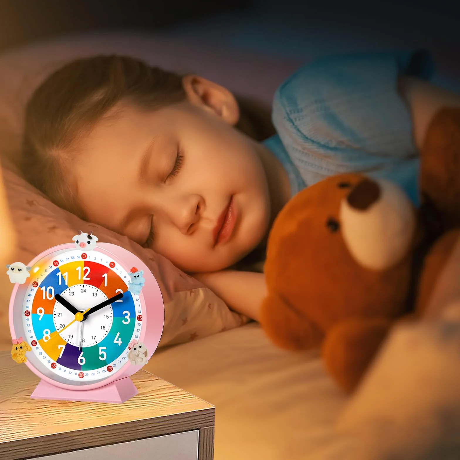 Budzik dla dzieci, na początek szkoły, bez tykania, z lampką nocną i funkcją drzemki, z 5 dekoracjami, nadaje się do nauki, budzenia snu C