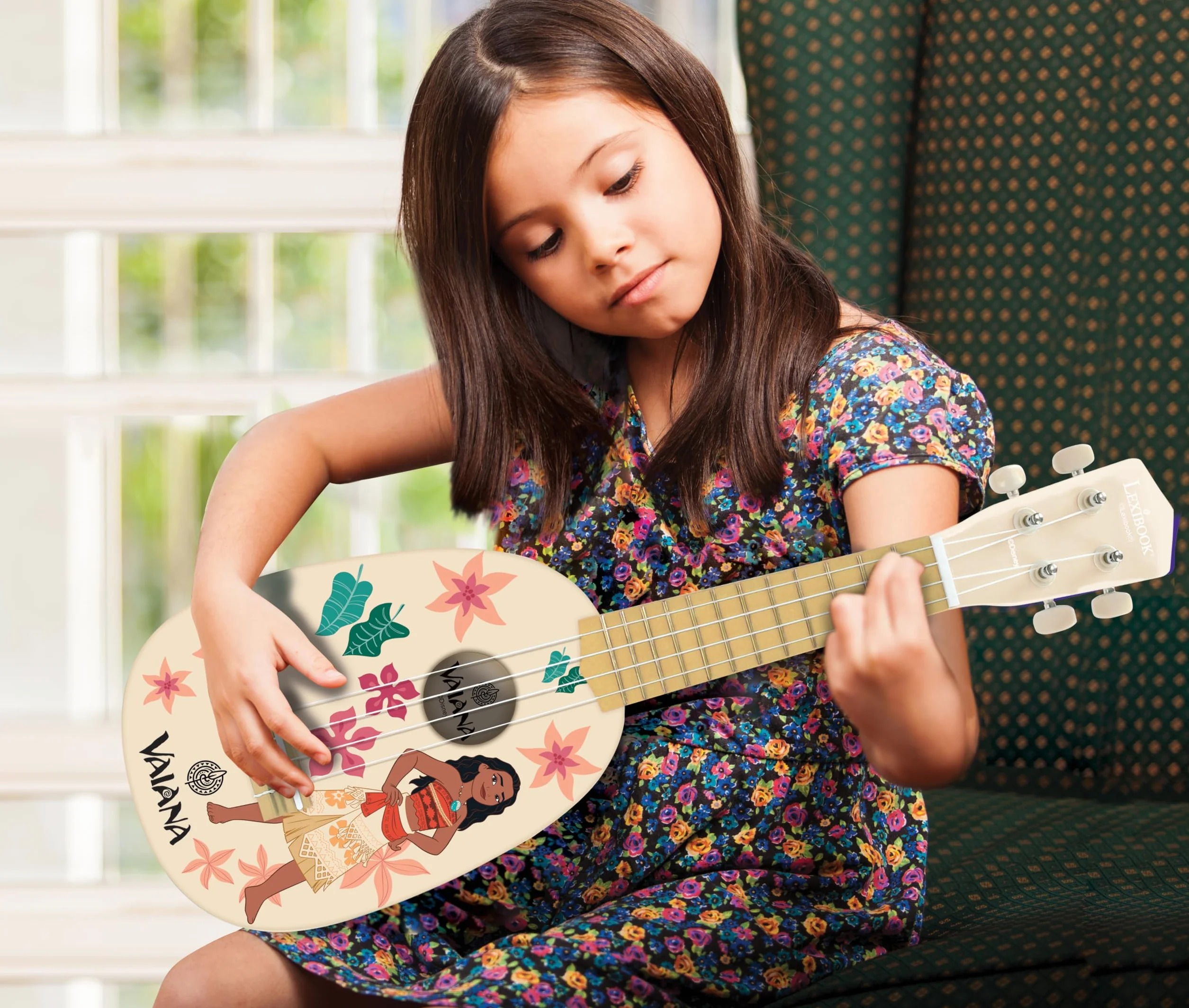 Lexibook, Disney Vaiana, Mój pierwszy drewniany ukulele, 4 nylonowe struny, 53 cm, przewodnik w zestawie, niebieski, K230VN