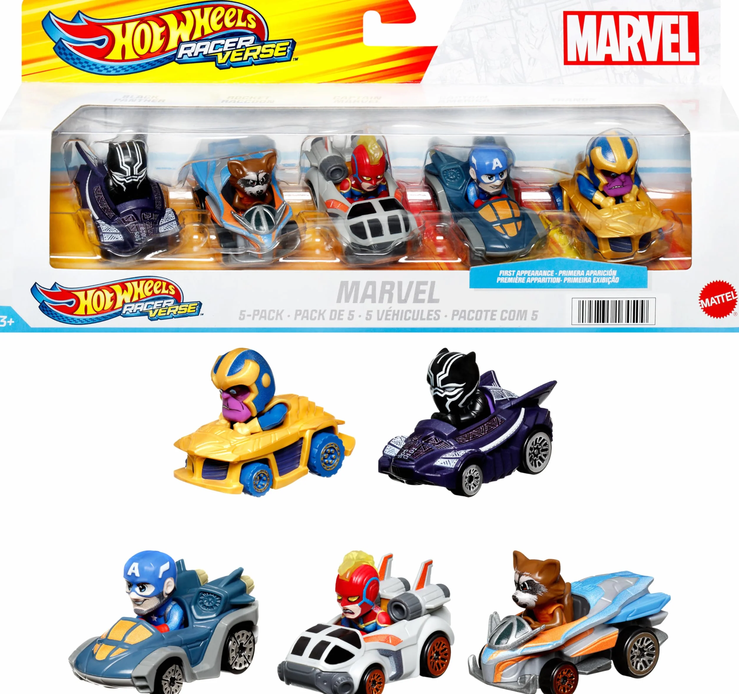 Hot Wheels RacerVerse Marvel Pojazdy 5-pak Zestaw 5 pojazdów do jazdy po torze, prezent dla dzieci i dorosłych kolekcjonerów, HPN40