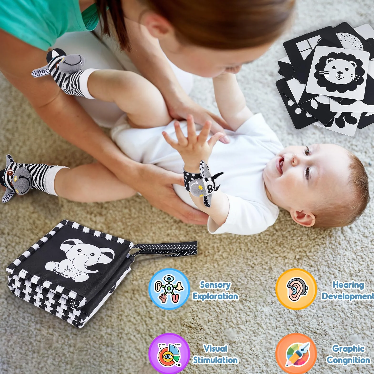 HappyKidsClub Kontrastowa książka dla niemowląt Czarno-biała zabawka, kontrastowe karty Zabawka dla niemowląt 0-12 miesięcy Grzechotka Skarpetki Dziecko 0-6 miesięcy