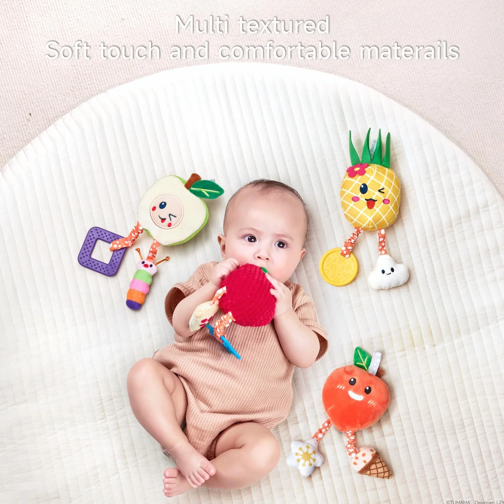 OR OR TU Zabawki dla niemowląt 0 3 6 9 12 miesięcy Łańcuch do wózka z gryzakiem Dzwonek 4szt Śliczne owoce Grzechotka dla niemowląt Gondola do łóżeczka Zabawka do wózka na prezent dla niemowląt