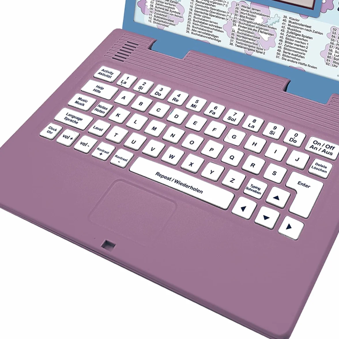 LEXIBOOK, Disney Stitch Niemiecki/Angielski dwujęzyczny komputer edukacyjny, zabawka dla dzieci z 124 językami, pisanie, matematyka, logika, zajęcia muzyczne i gry, fioletowy/niebieski, JC598Di3