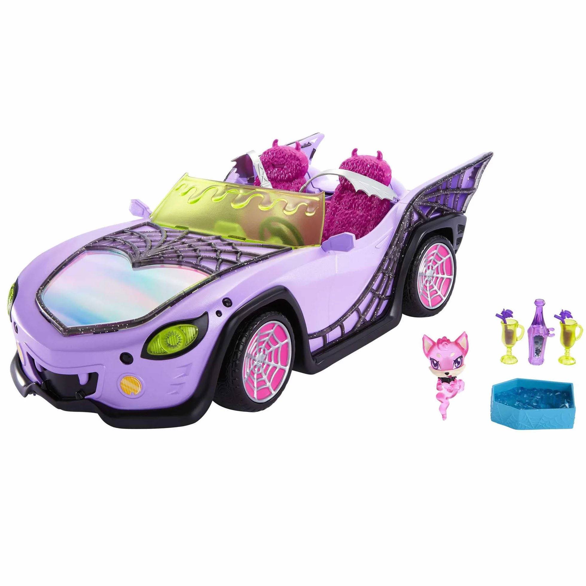 Monster High Fioletowy kabriolet z pajęczą siecią oraz zwierzątkiem i lodówką turystyczną. HHK63