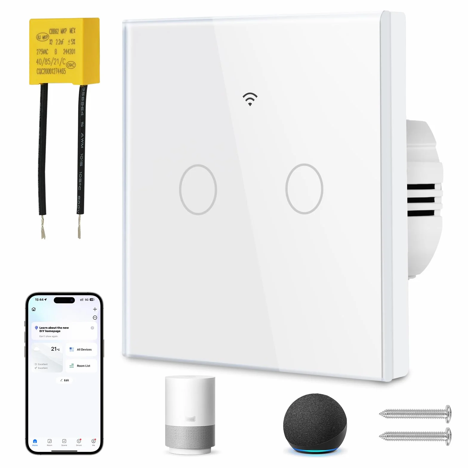 Ainiv Inteligentny włącznik światła WiFi 2-kanałowy 2,4 GHz, obsługa Alexa Google Home, aplikacja Tuya, sterowanie głosem, hartowane szkło, dotykowa rama, przełącznik ścienny, podtynkowy, biały