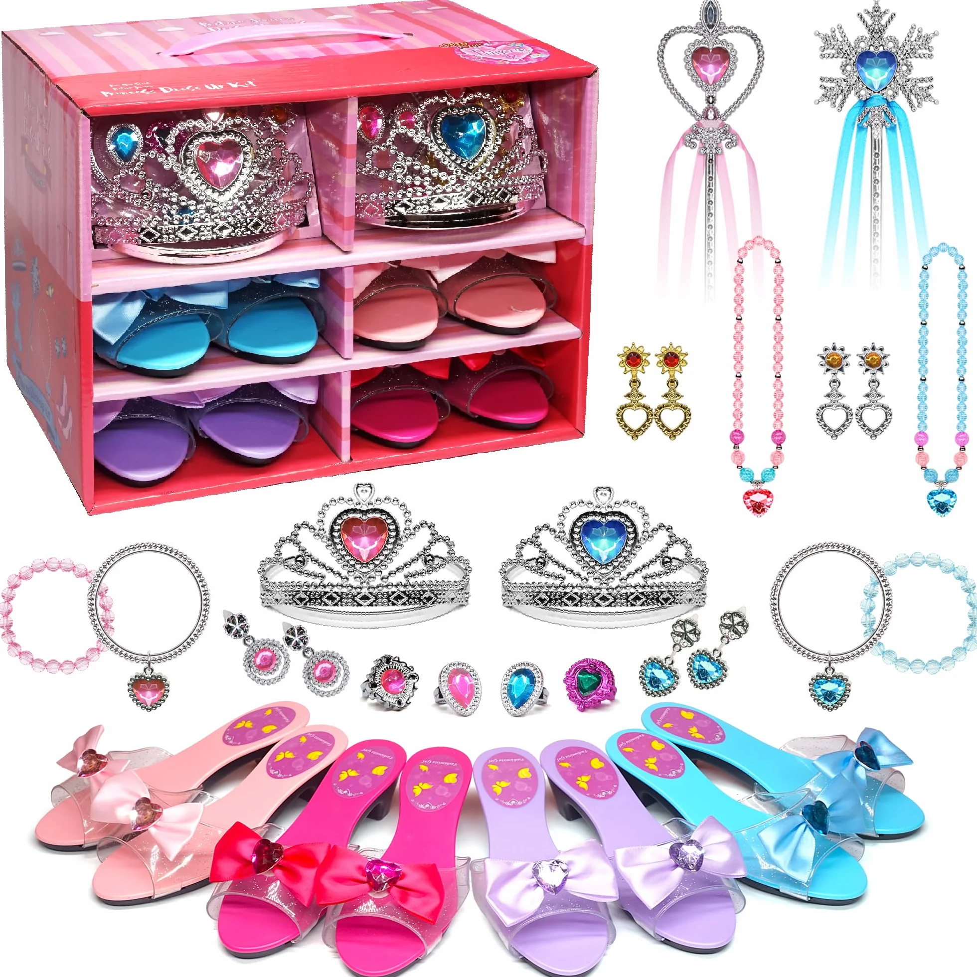 Princess Dress Up dziewczęce buty – buty dla małych dzieci do zabawy i udawanie biżuterii, zestaw akcesoriów, zabawka dla dzieci z koroną, pierścionek, bransoletka dla małych dziewczynek w wieku 3-6