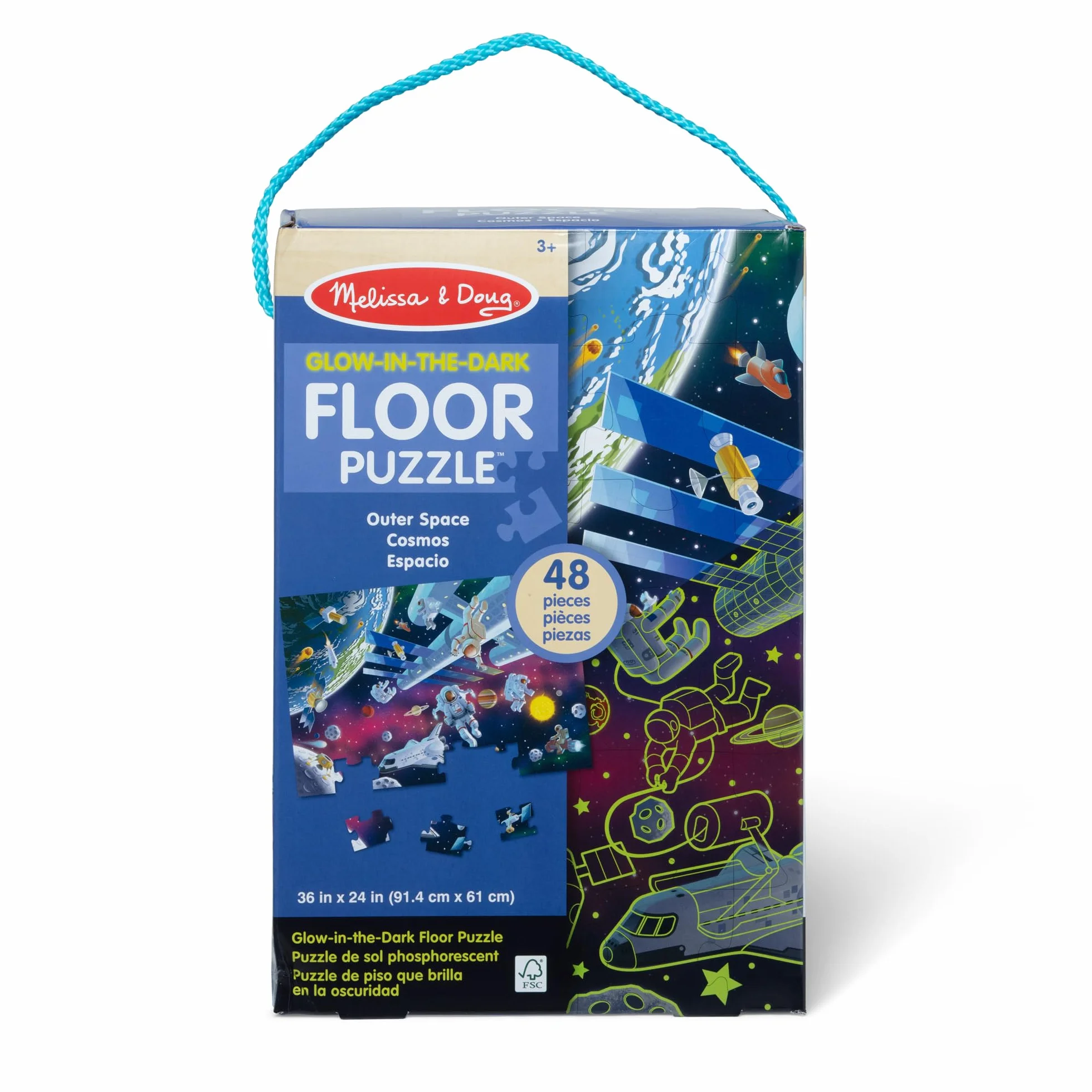 Melissa & Doug, Świecąca w ciemności układanka podłogowa z motywami kosmosu – 48 elementów, dla chłopców i dziewczynek w wieku powyżej 3. roku życia