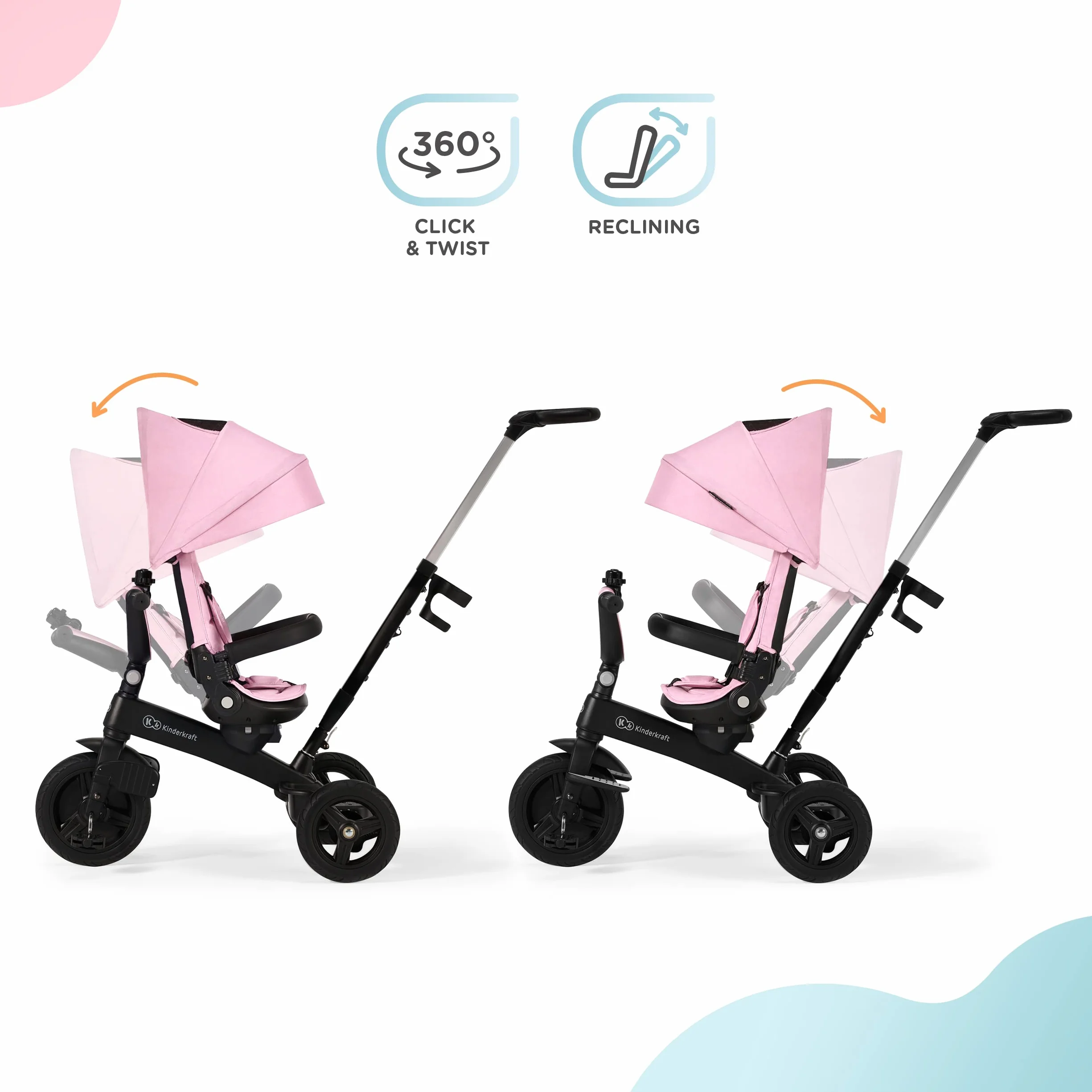 Kinderkraft Rowerek trójkołowy 5w1 TWIPPER, Trójkołowiec, Obrotowe siedzisko 360°, Wolne koło, Daszek przeciwsłoneczny, Akcesoria, Dzwonek, Uchwyt na kubek, od 6 Miesięcy do 5 lat, Różowy