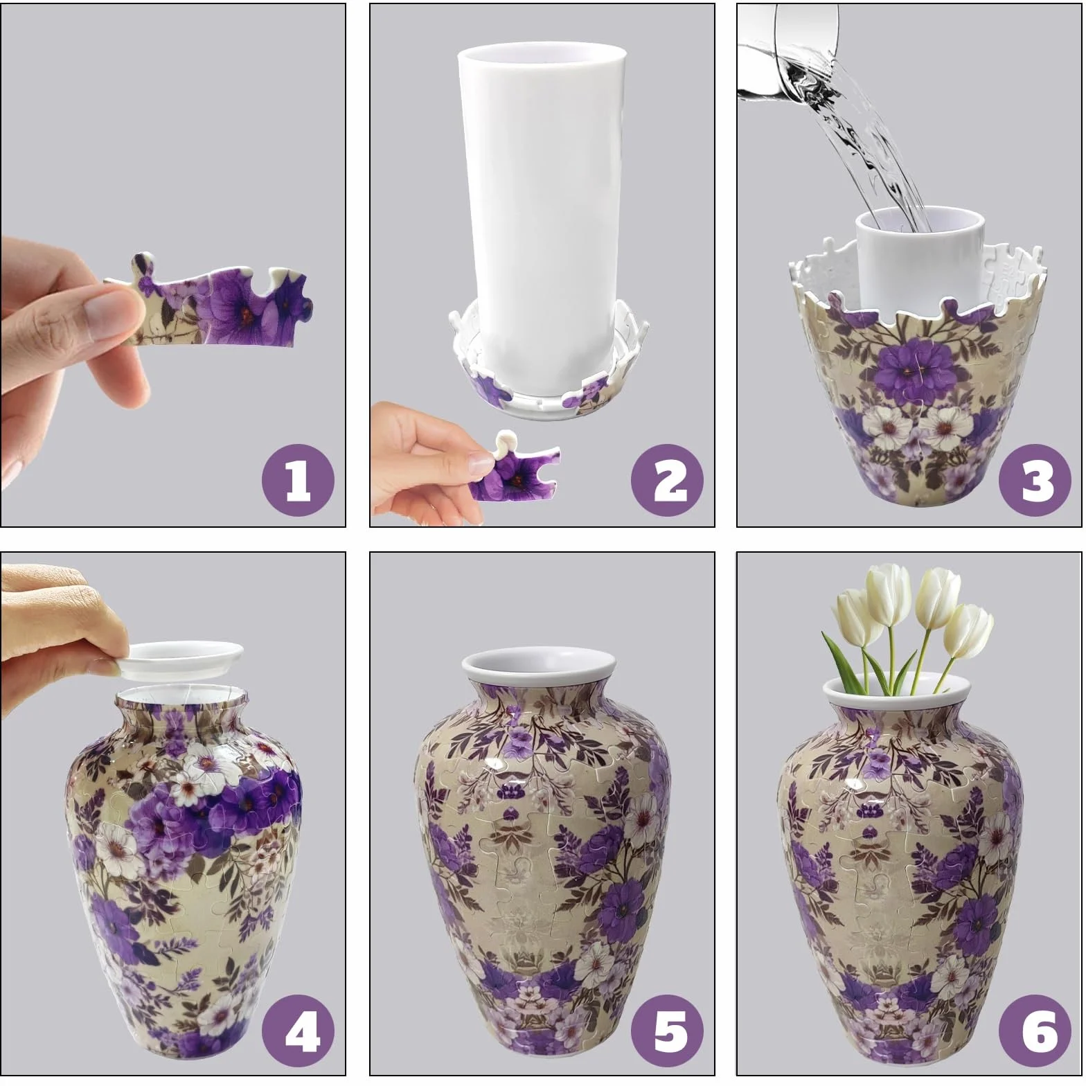 Wazon 3D dla dorosłych, 120 sztuk, puzzle DIY, zakrzywione puzzle 3D z kolumną wody, idealne do eksponowania prawdziwych lub sztucznych kwiatów i kompozycji kwiatowych (białe kwiaty)