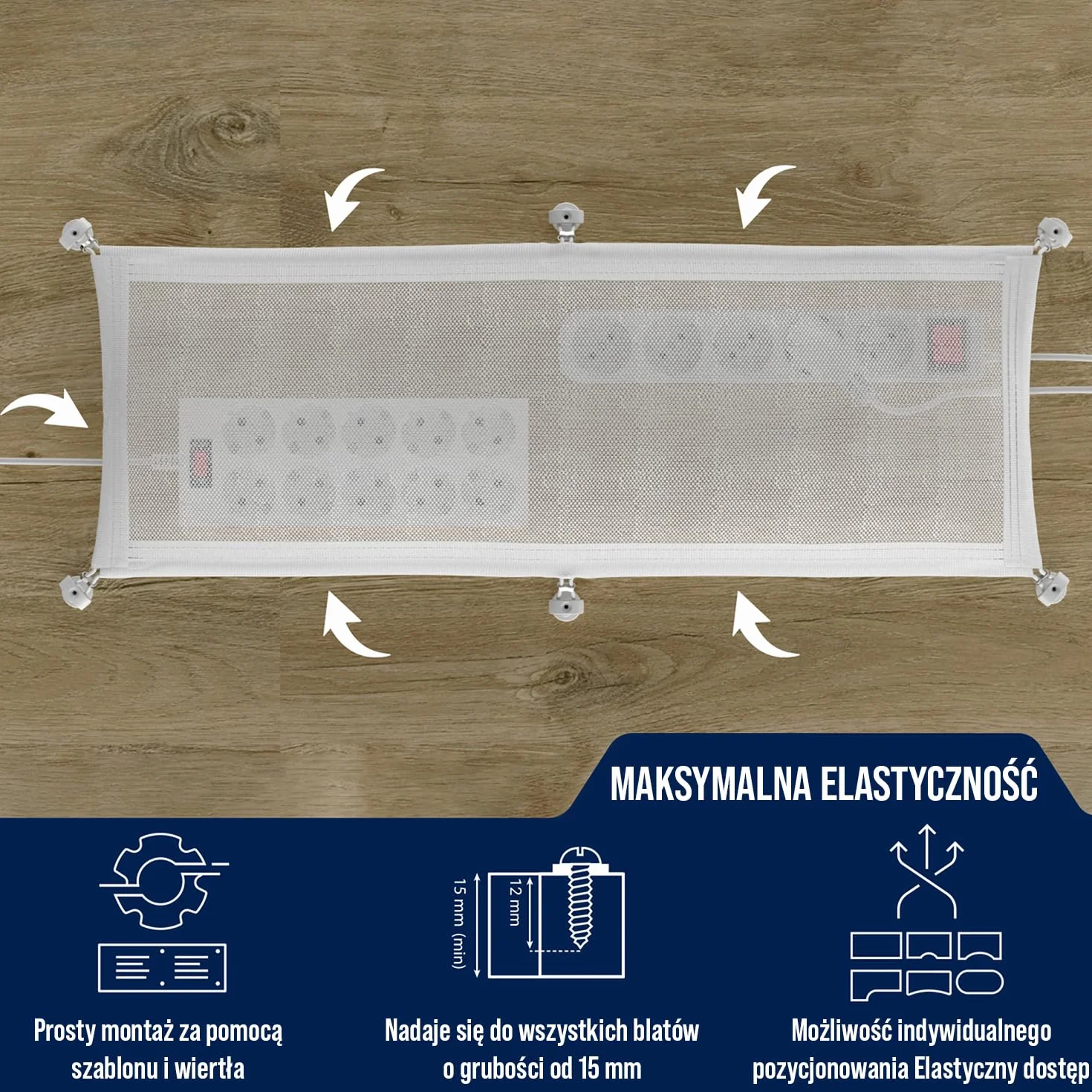 Korytko kablowe pod biurko - elastyczne zarządzanie kablami pod biurkiem białe - wreszcie porządek na biurku - siatka kablowa biała do zarządzania kablami pod biurkiem - Ultimate Setup