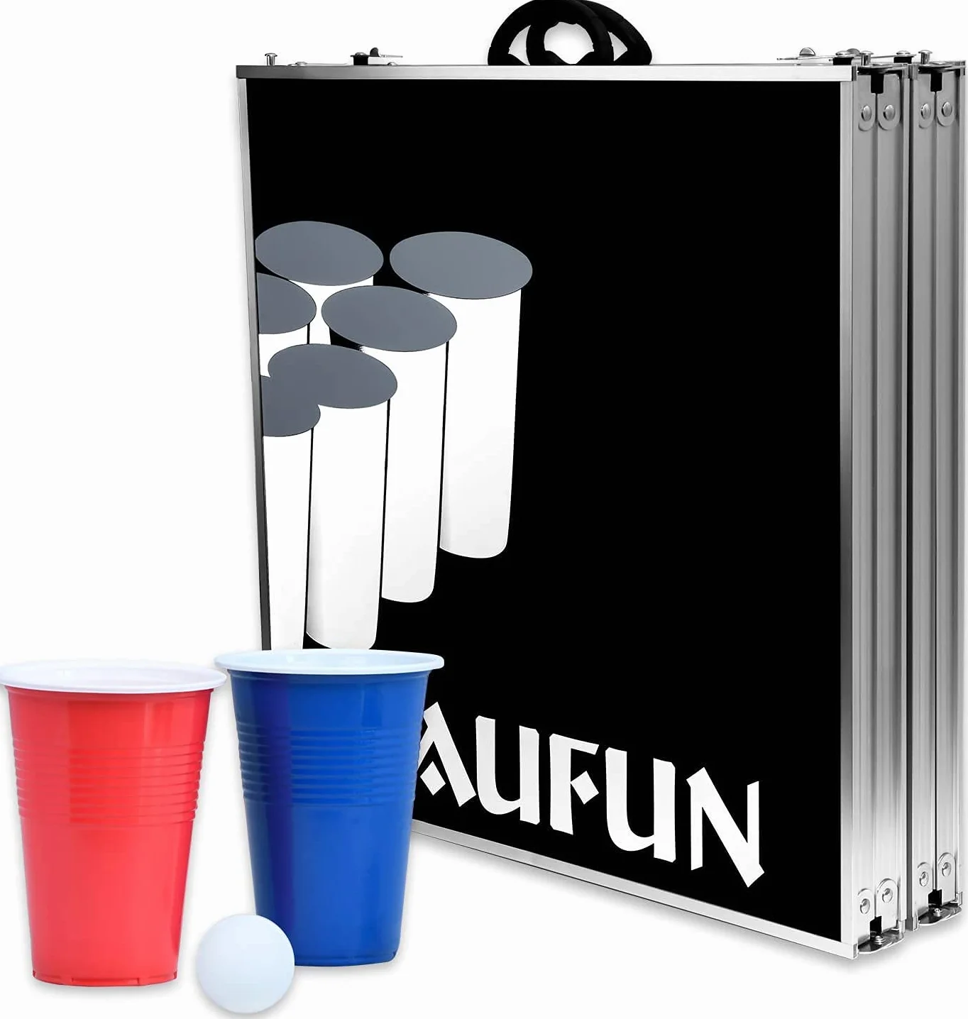 NW Beer Pong składany stół wraz z 100 kubkami (50 czerwonych i 50 niebieskich), 5 piłek, stół do ponga piwnego z regulacją wysokości, do gier imprezowych, gier do picia