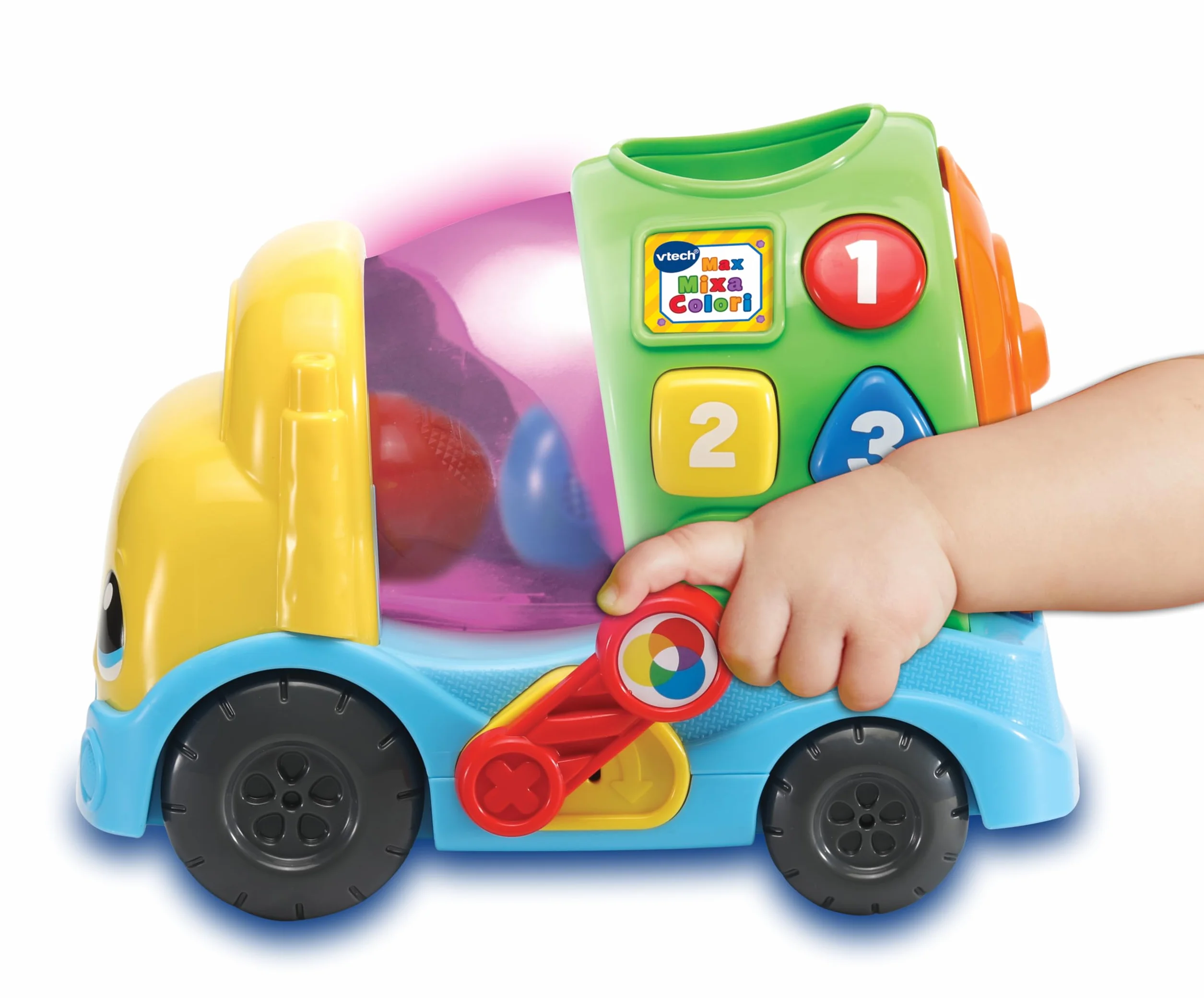 VTech Max Mixa Colori, gadająca ciężarówka, 5 melodii, rozpoznawanie i mieszanie kolorów, 3 tryby gry, regulacja głośności, automatyczne wyłączanie, język włoski, baterie w zestawie, 12-36 miesięcy