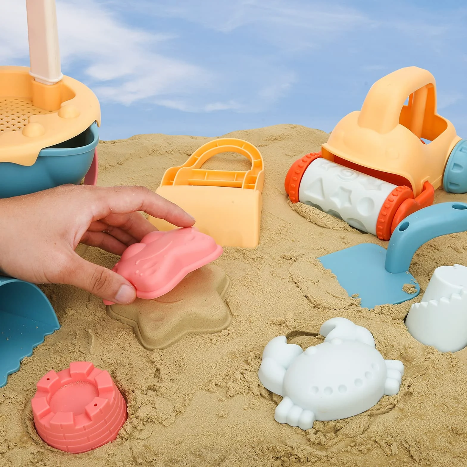 Sanlebi Sand Beach Zabawki dla dzieci, miękkie materiały piaskownica z wiadrem i łopatką, torba z siatki wielokrotnego użytku, letnie gry plażowe dla małych dzieci